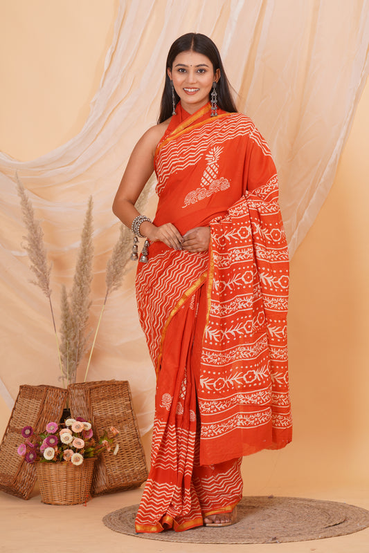 Orange Pure Soft Cotton Mulmul Saree with Zari Border and Blouse Piece – Hand Block Printed with Organic Vegetable Dyes