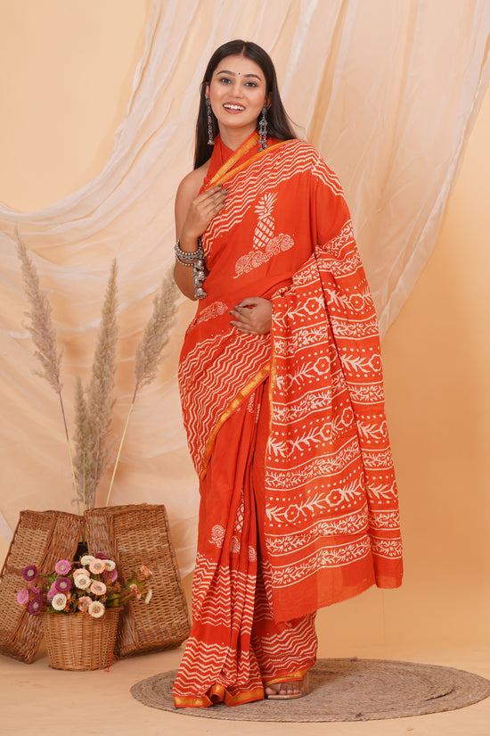 Orange Pure Soft Cotton Mulmul Saree with Zari Border and Blouse Piece – Hand Block Printed with Organic Vegetable Dyes