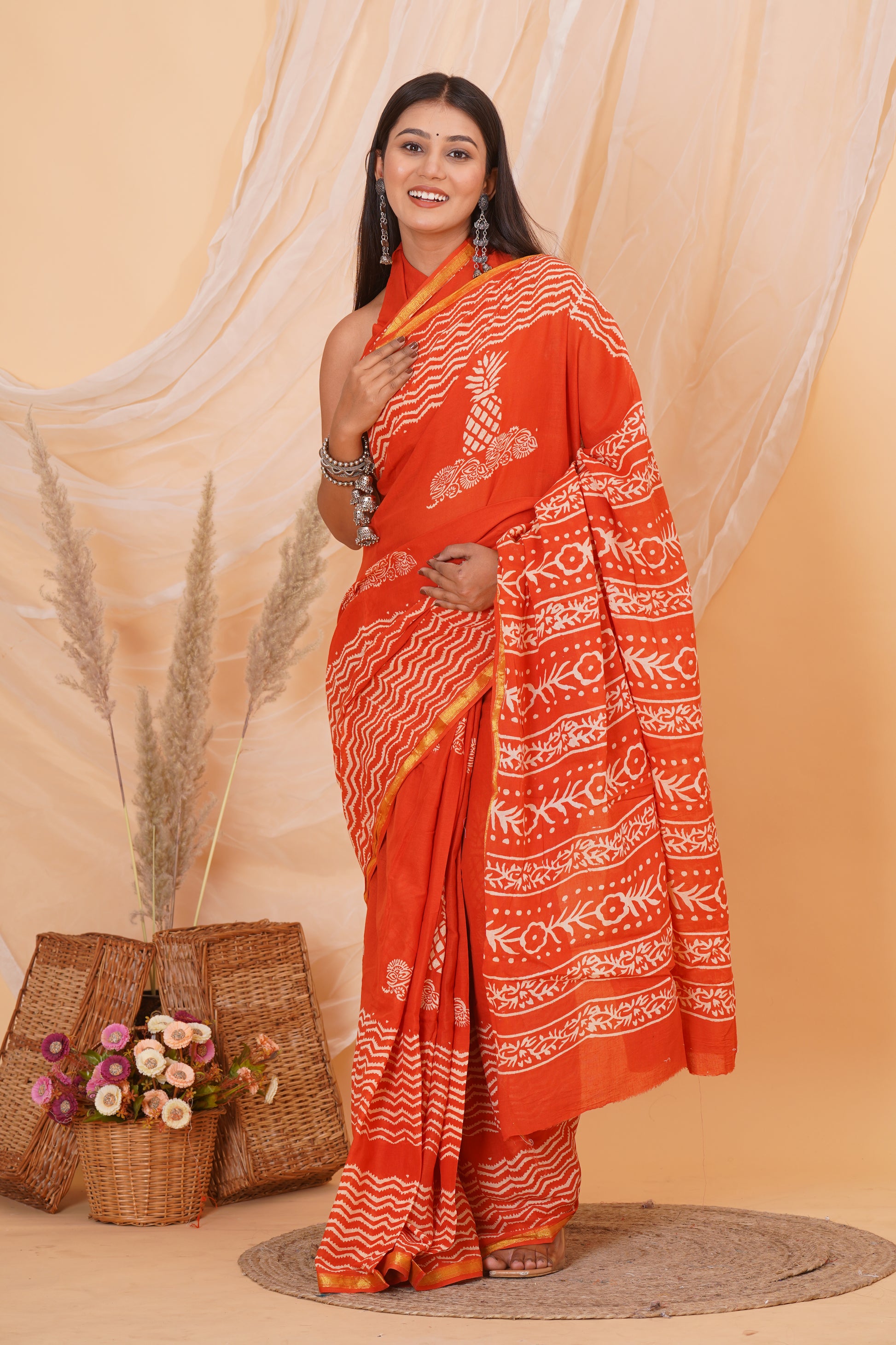 Orange Pure Soft Cotton Mulmul Saree with Zari Border and Blouse Piece – Hand Block Printed with Organic Vegetable Dyes