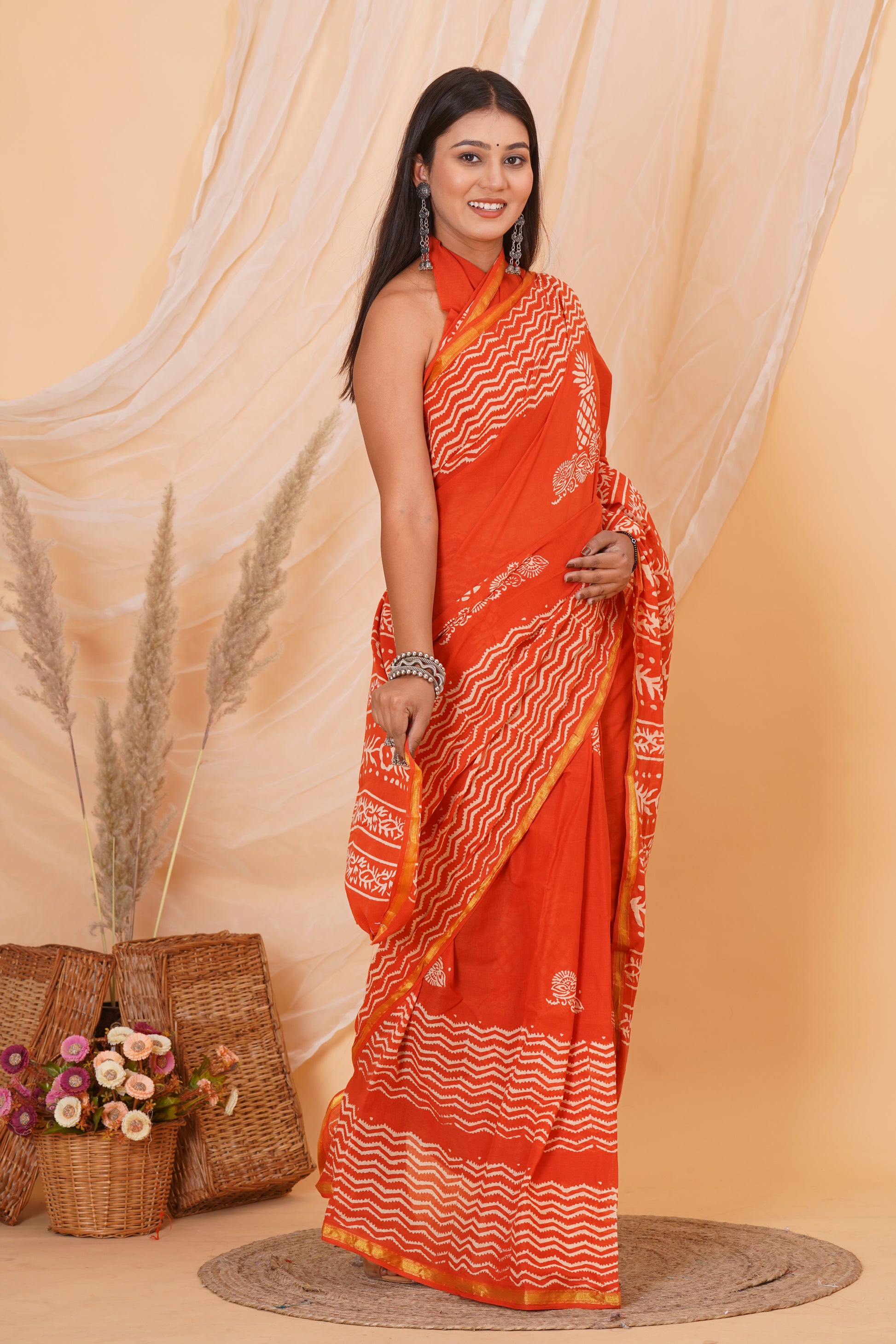 Orange Pure Soft Cotton Mulmul Saree with Zari Border and Blouse Piece – Hand Block Printed with Organic Vegetable Dyes