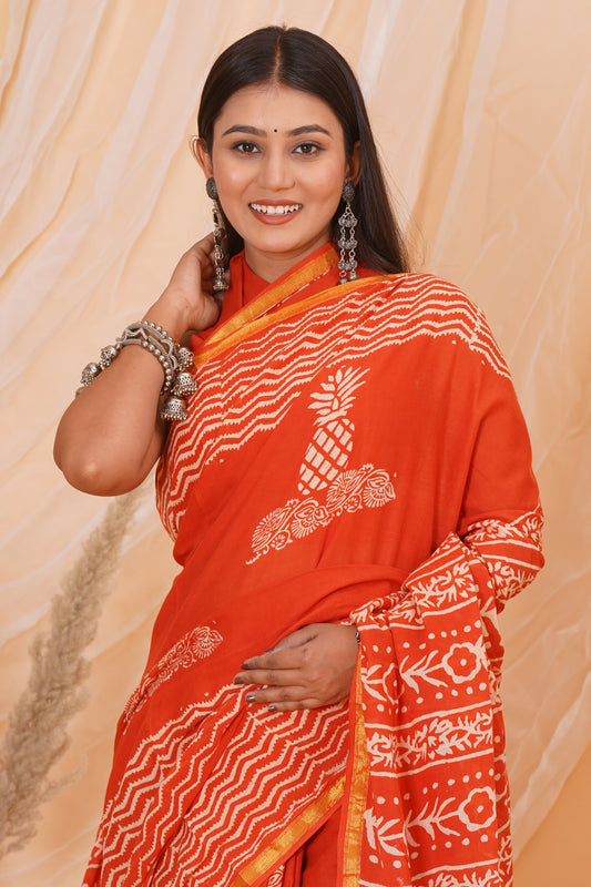Orange Pure Soft Cotton Mulmul Saree with Zari Border and Blouse Piece – Hand Block Printed with Organic Vegetable Dyes