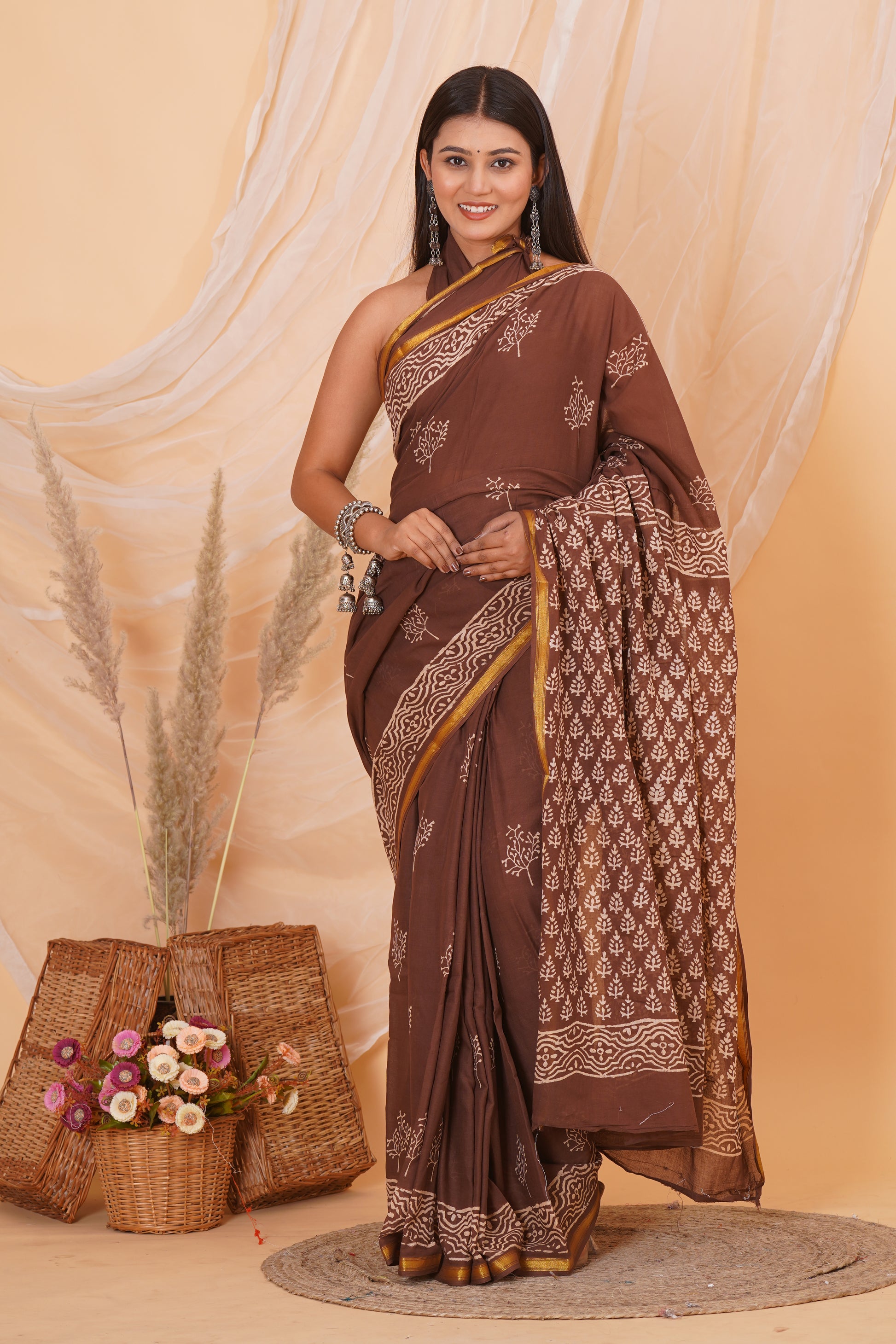Brown Pure Soft Cotton Mulmul Saree with Zari Border and Blouse Piece – Hand Block Printed with Organic Vegetable Dyes