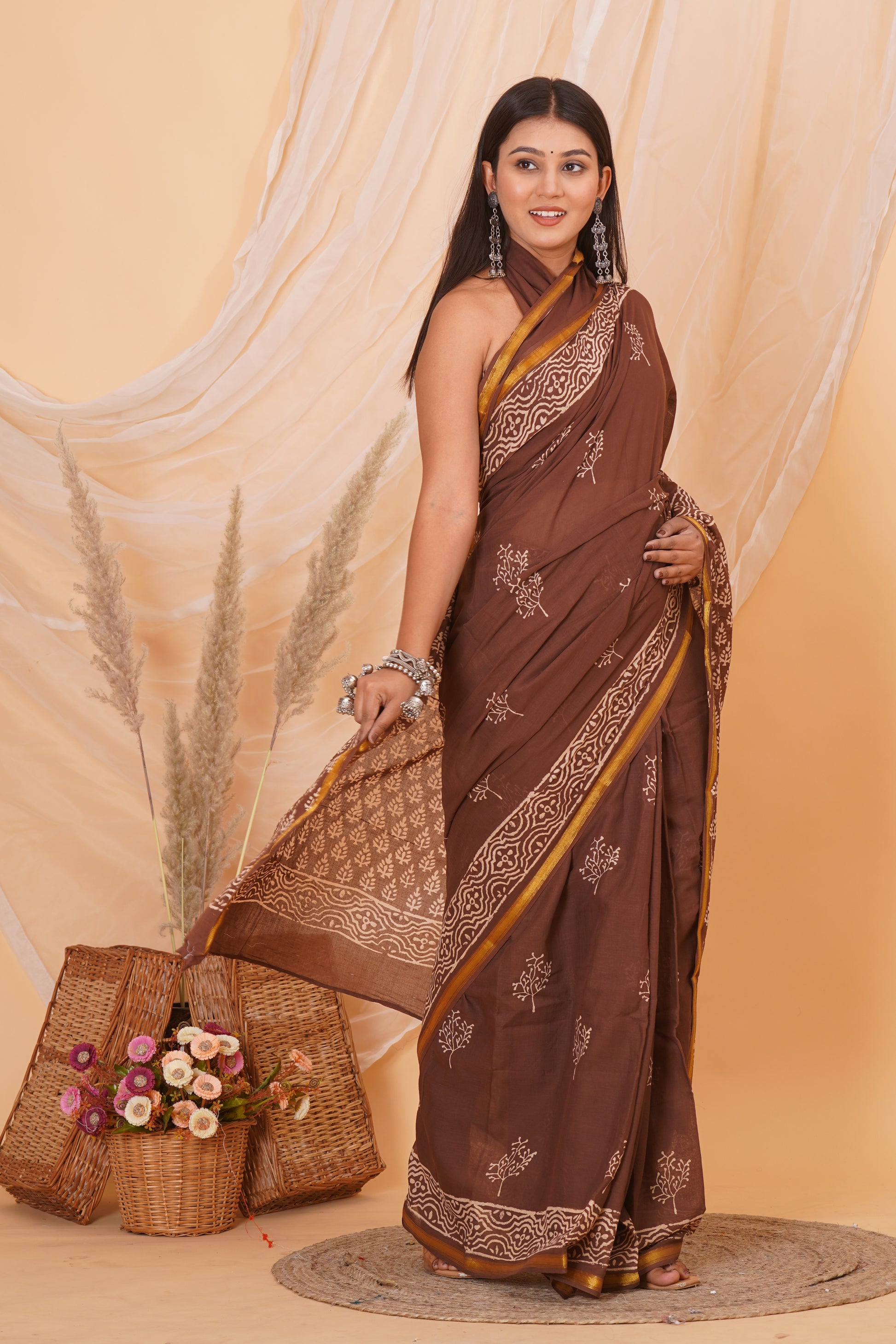 Brown Pure Soft Cotton Mulmul Saree with Zari Border and Blouse Piece – Hand Block Printed with Organic Vegetable Dyes