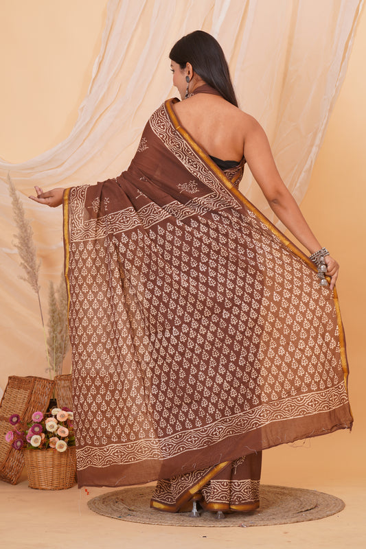 Brown Pure Soft Cotton Mulmul Saree with Zari Border and Blouse Piece – Hand Block Printed with Organic Vegetable Dyes