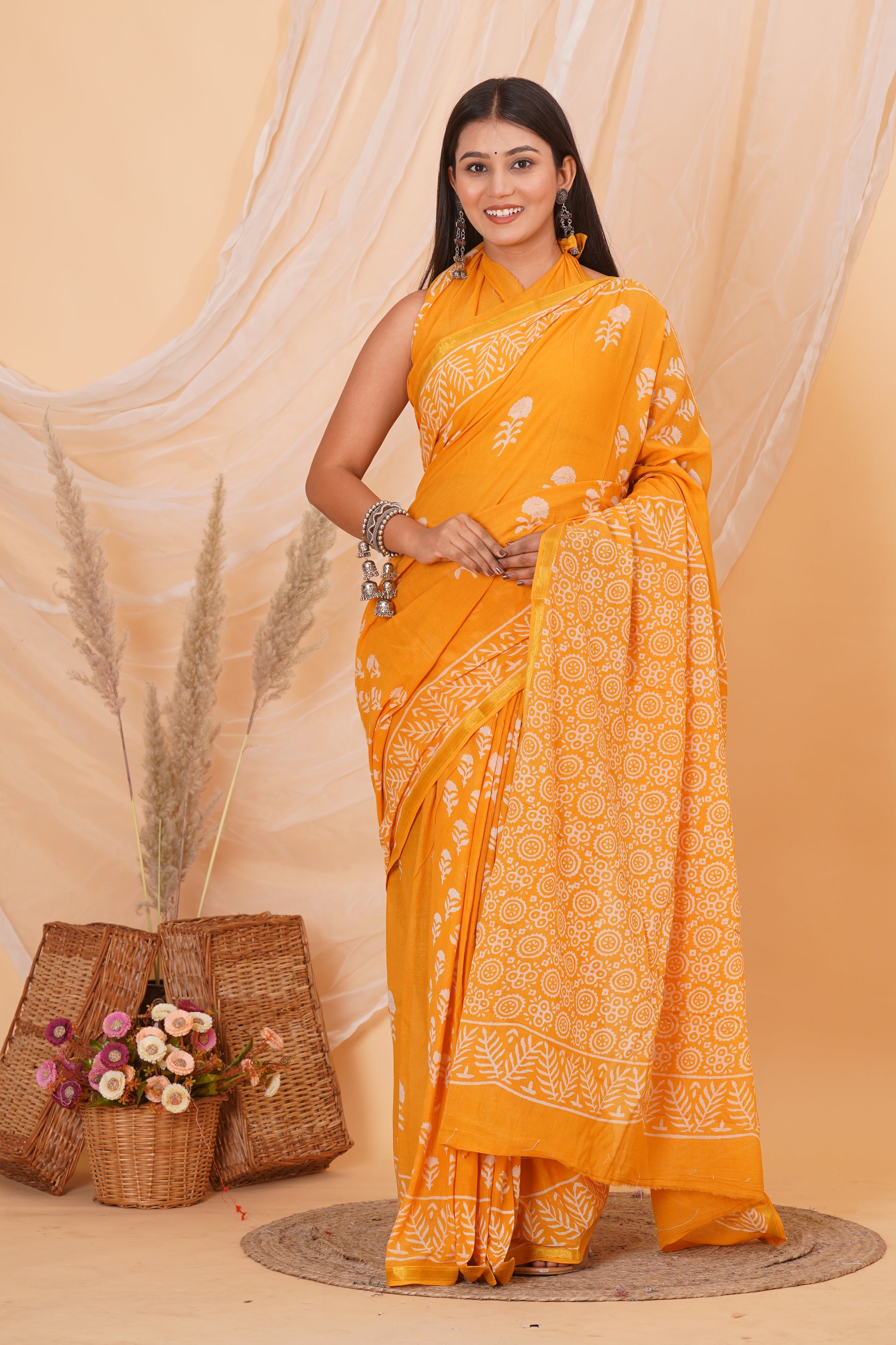 Yellow Pure Soft Cotton Mulmul Saree with Zari Border and Blouse Piece – Hand Block Printed with Organic Vegetable Dyes