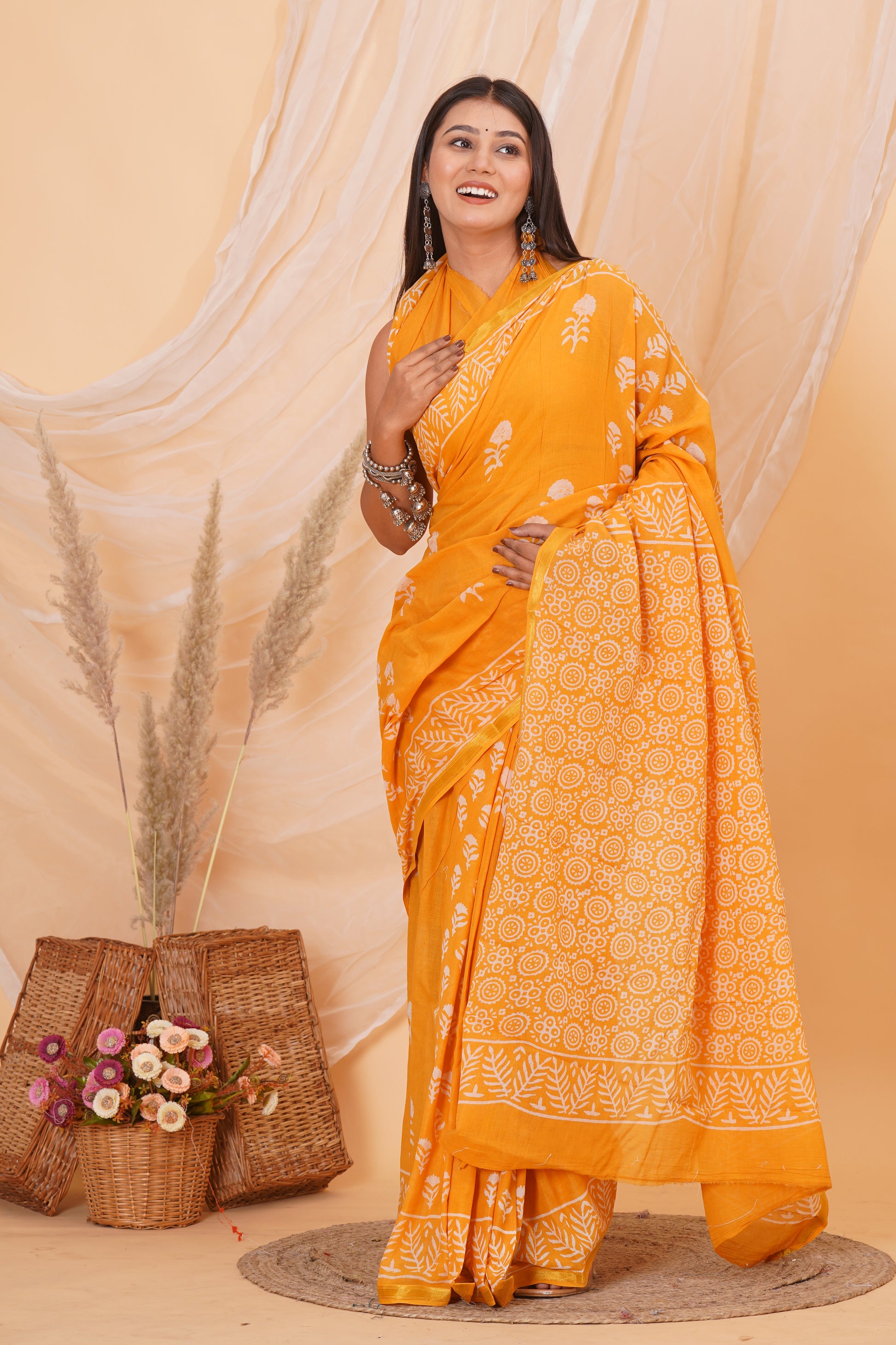Yellow Pure Soft Cotton Mulmul Saree with Zari Border and Blouse Piece – Hand Block Printed with Organic Vegetable Dyes