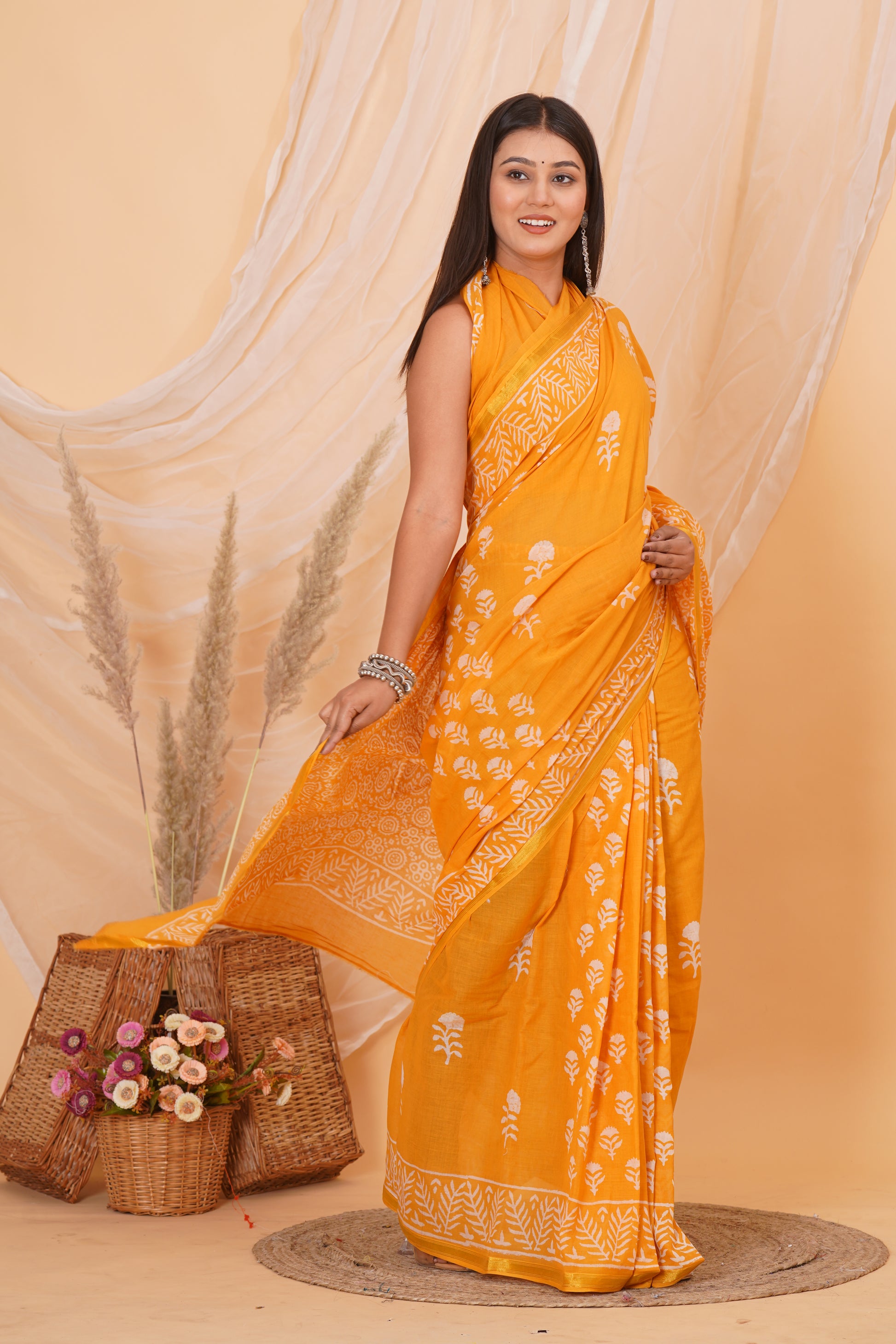 Yellow Pure Soft Cotton Mulmul Saree with Zari Border and Blouse Piece – Hand Block Printed with Organic Vegetable Dyes