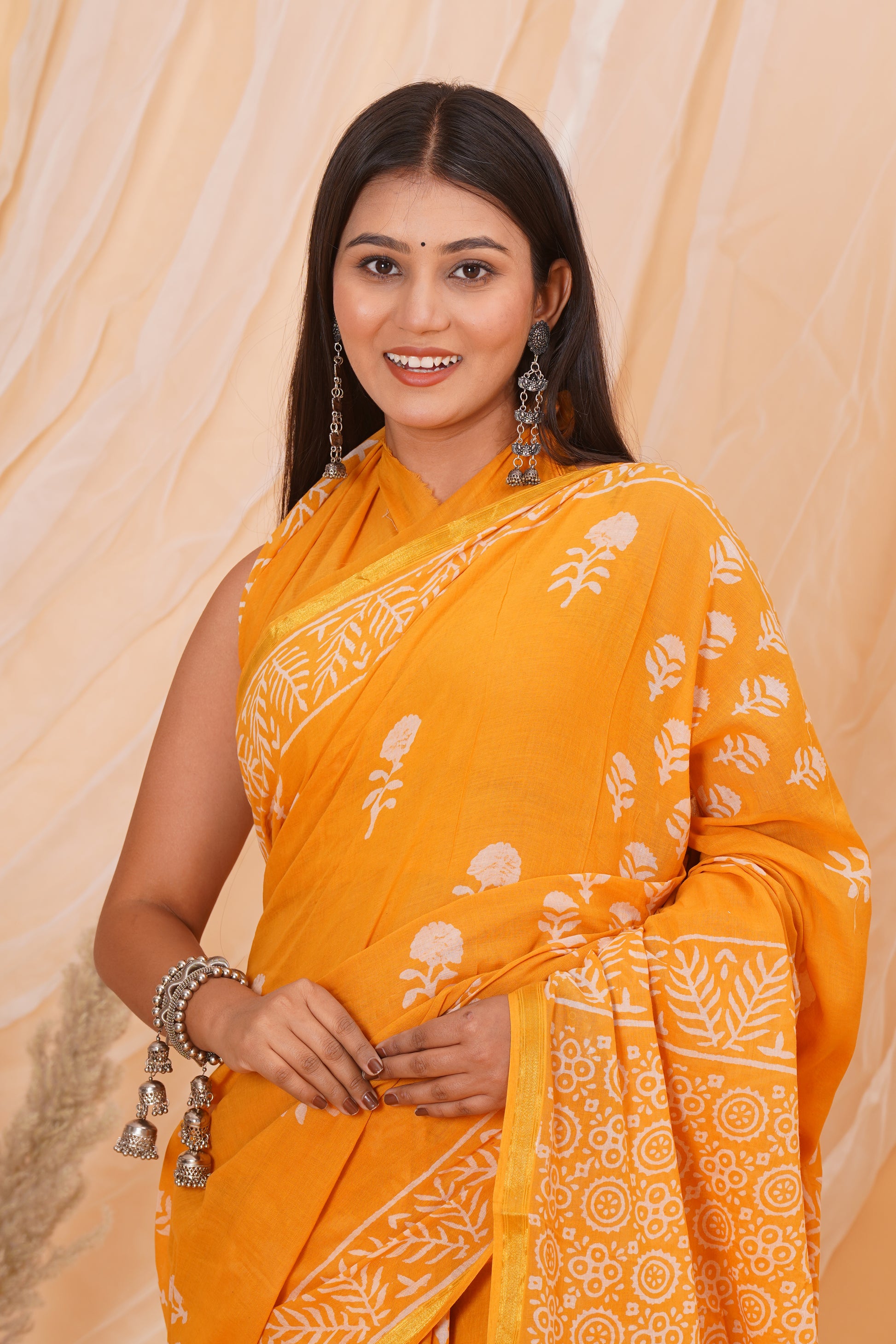 Yellow Pure Soft Cotton Mulmul Saree with Zari Border and Blouse Piece – Hand Block Printed with Organic Vegetable Dyes