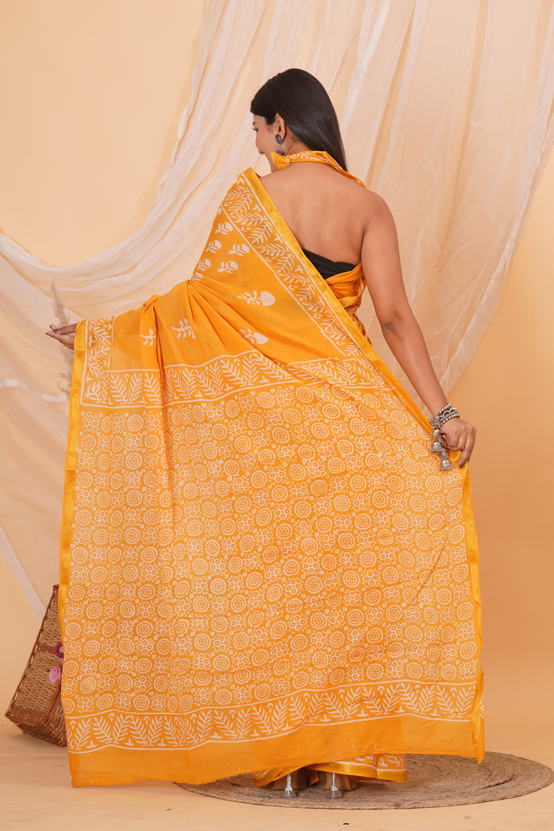 Yellow Pure Soft Cotton Mulmul Saree with Zari Border and Blouse Piece – Hand Block Printed with Organic Vegetable Dyes