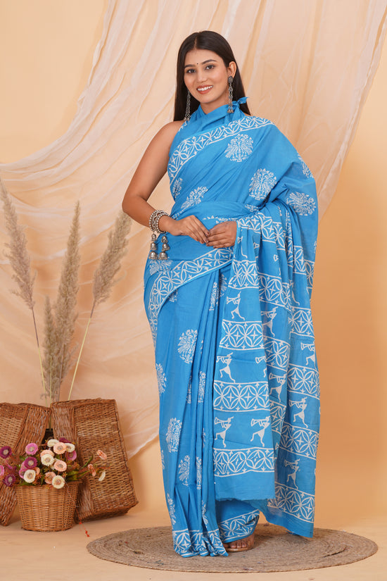 Sky Blue Cotton Mulmul Saree With Blouse Piece