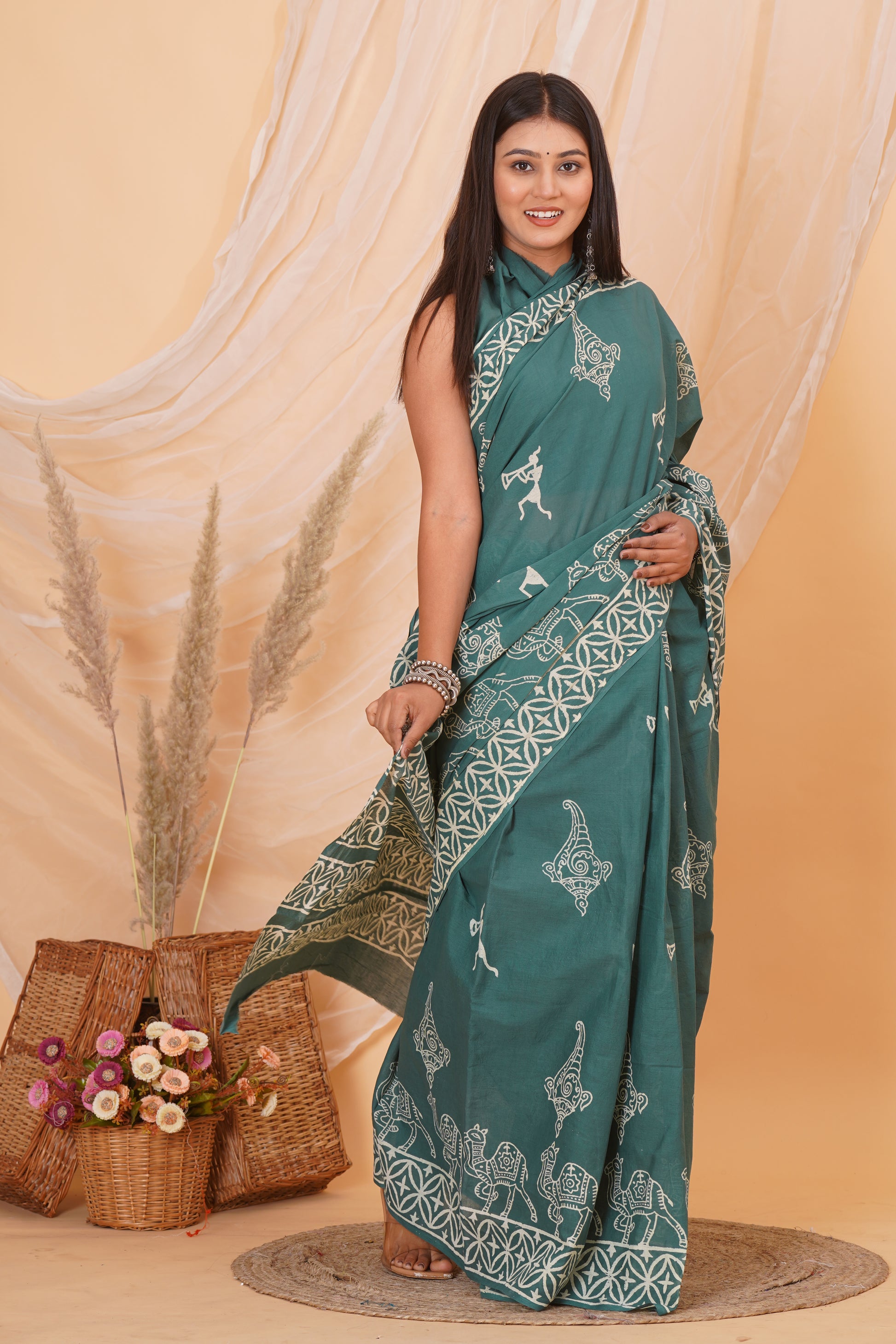 Teal Cotton Mulmul Saree With Blouse Piece
