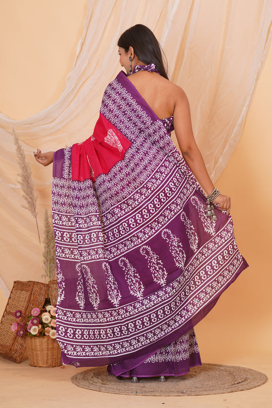 Purple and Red Cotton Mulmul Saree With Blouse Piece