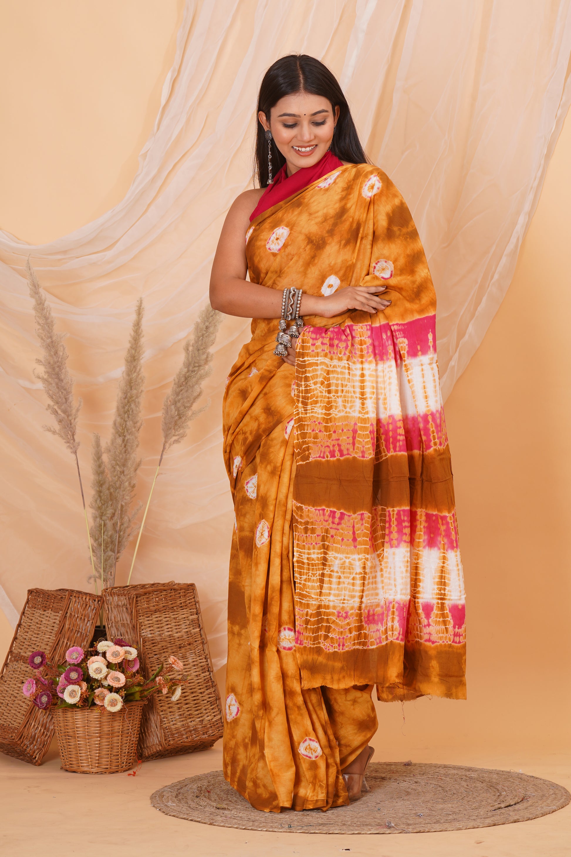Orange Cotton Mulmul Saree With Blouse Piece