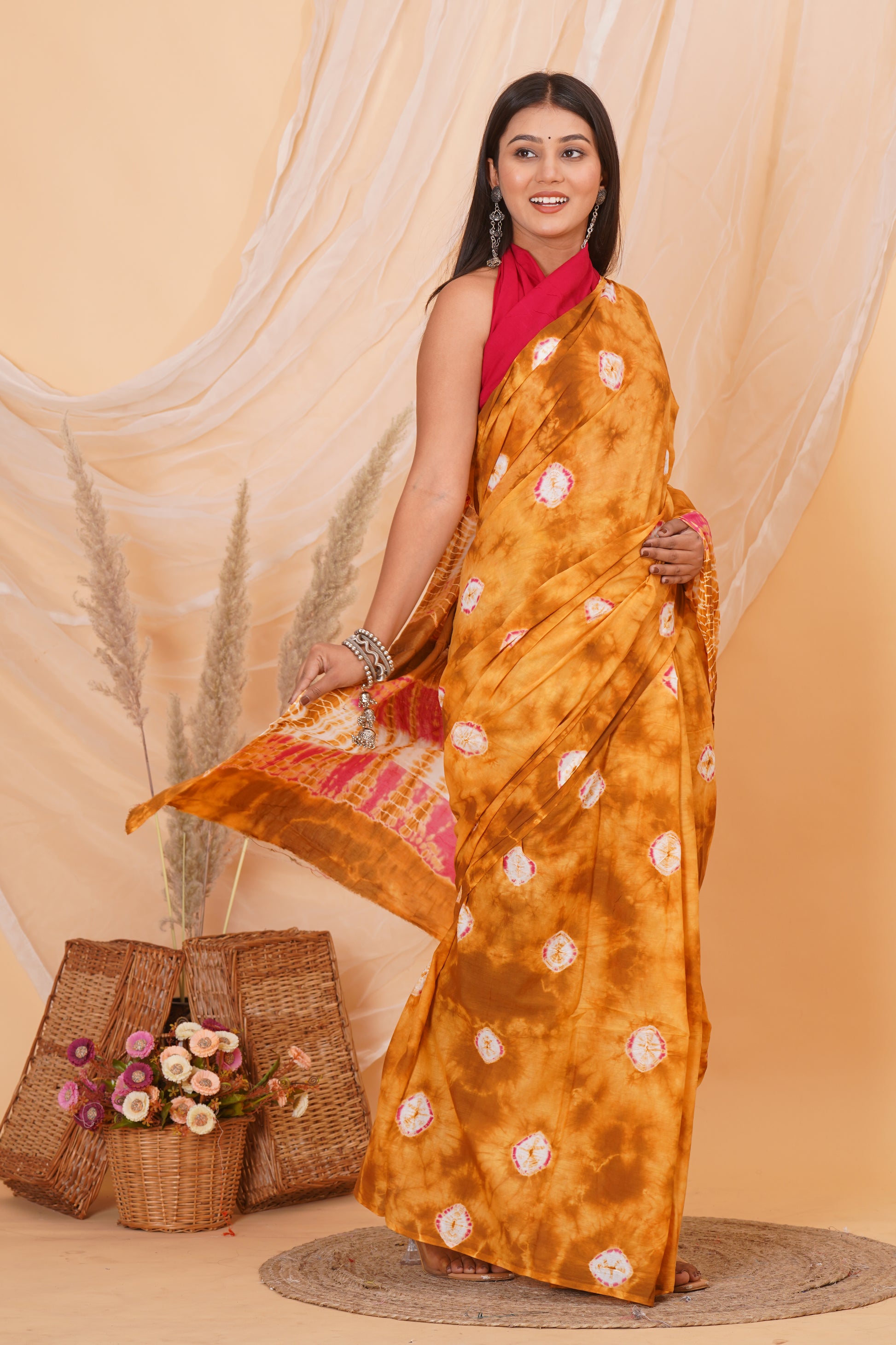 Orange Cotton Mulmul Saree With Blouse Piece