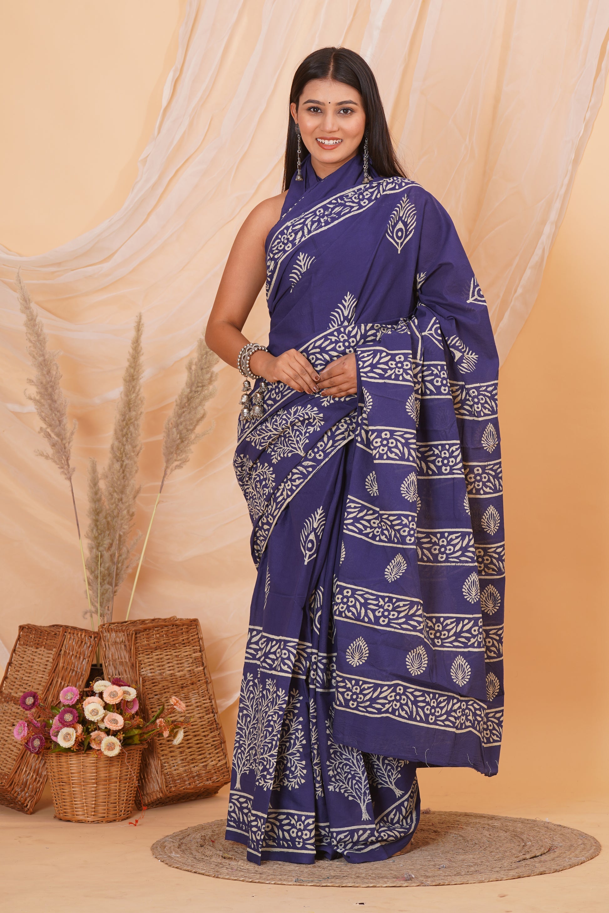 Dark Purple Cotton Mulmul Saree With Blouse Piece