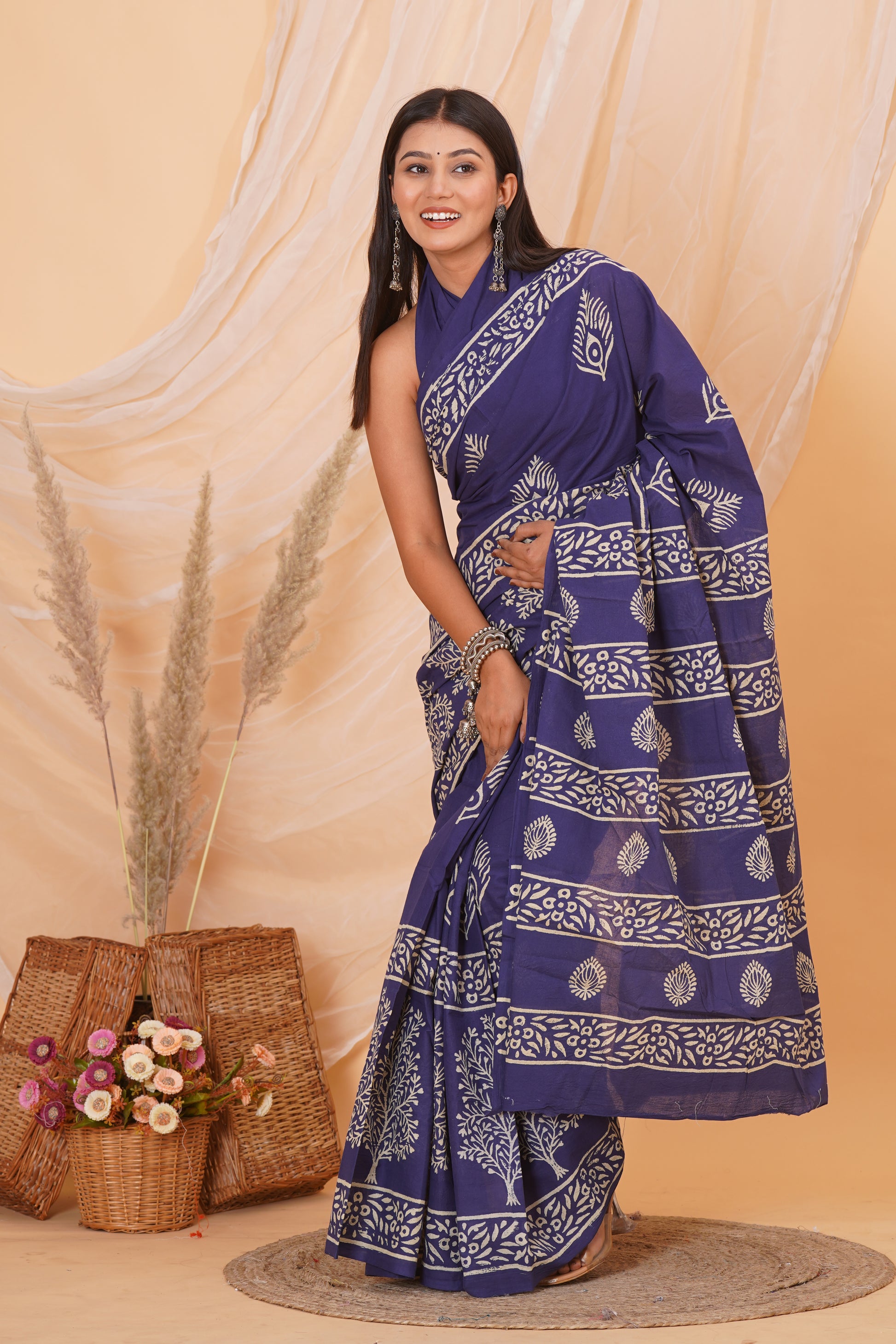 Dark Purple Cotton Mulmul Saree With Blouse Piece