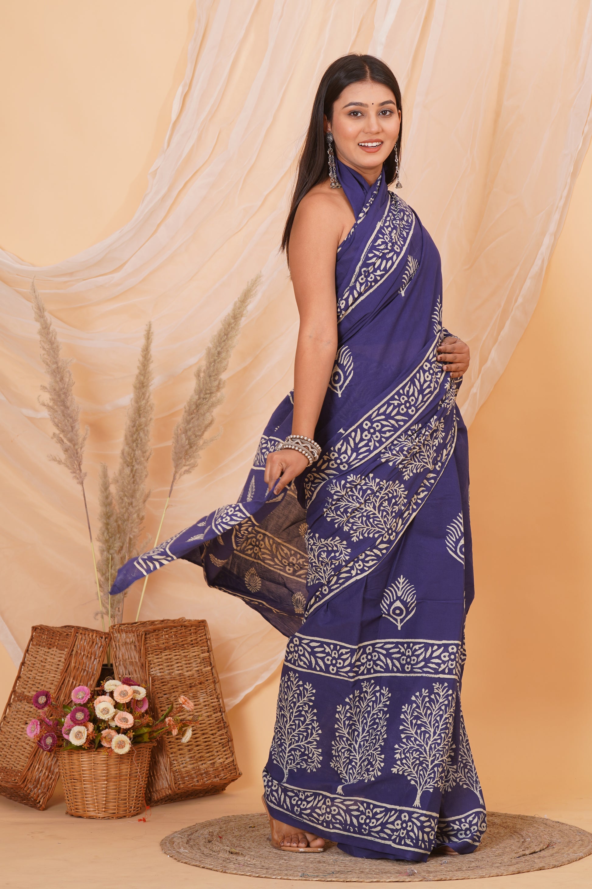 Dark Purple Cotton Mulmul Saree With Blouse Piece