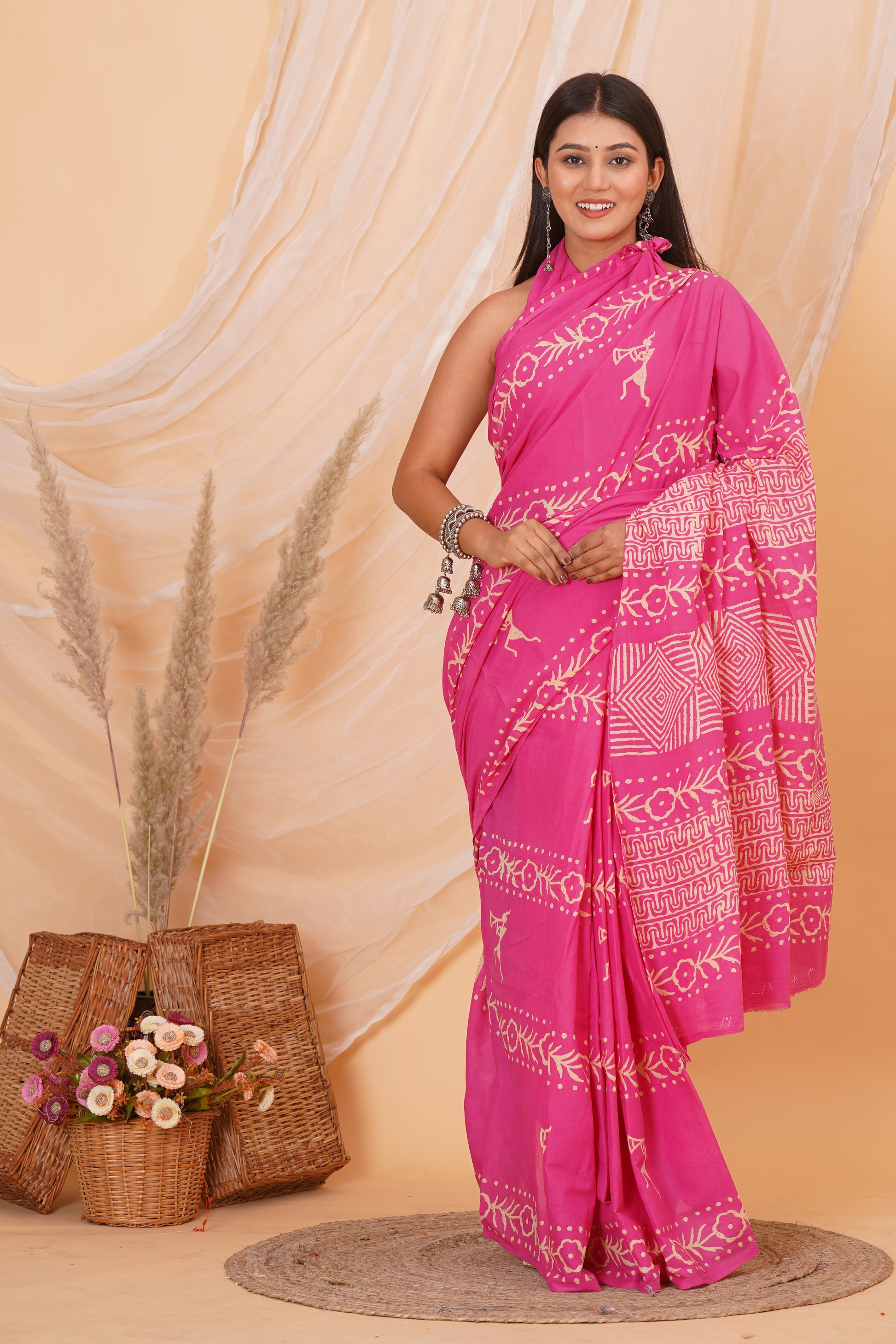Pink Cotton Mulmul Saree With Blouse Piece