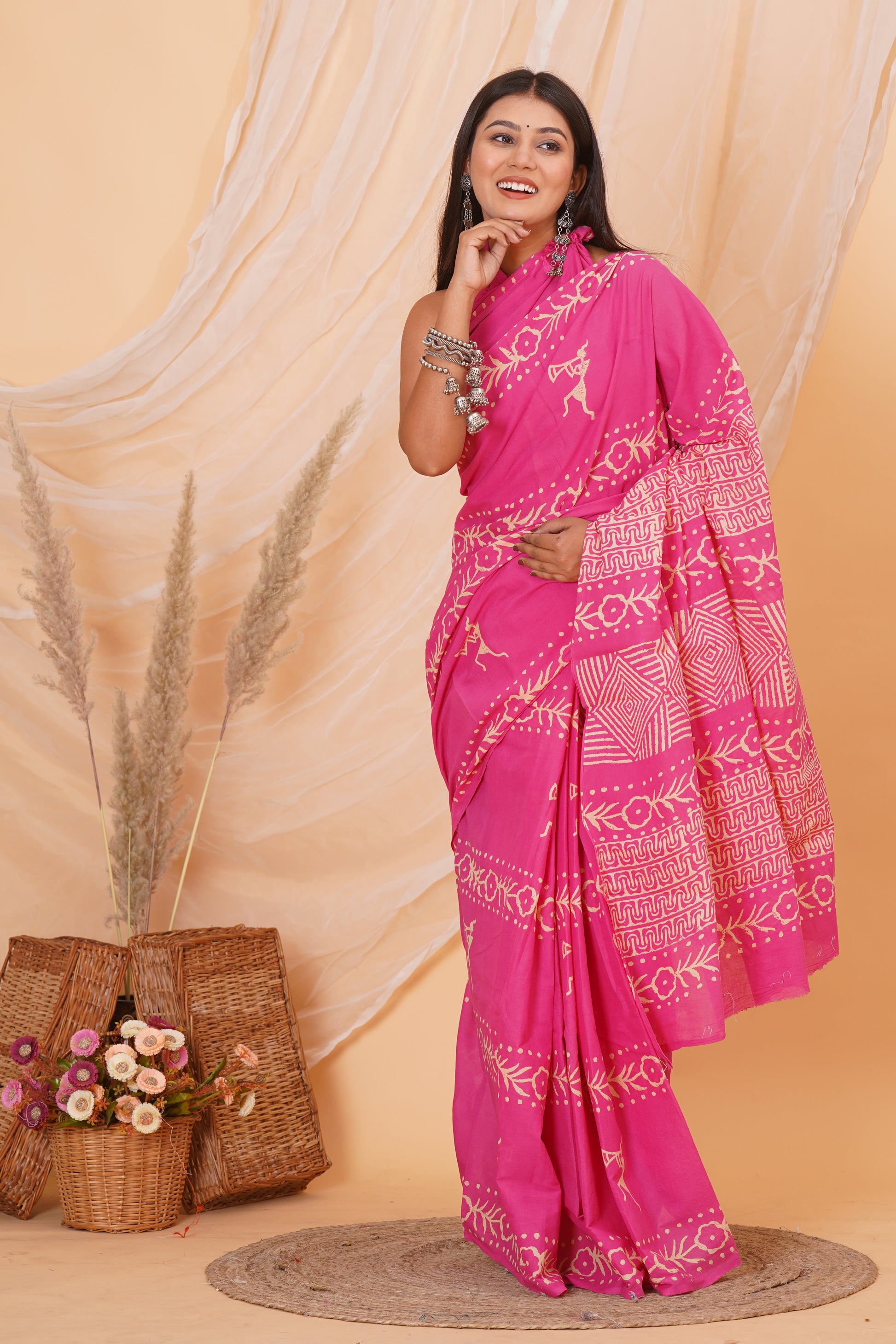 Pink Cotton Mulmul Saree With Blouse Piece