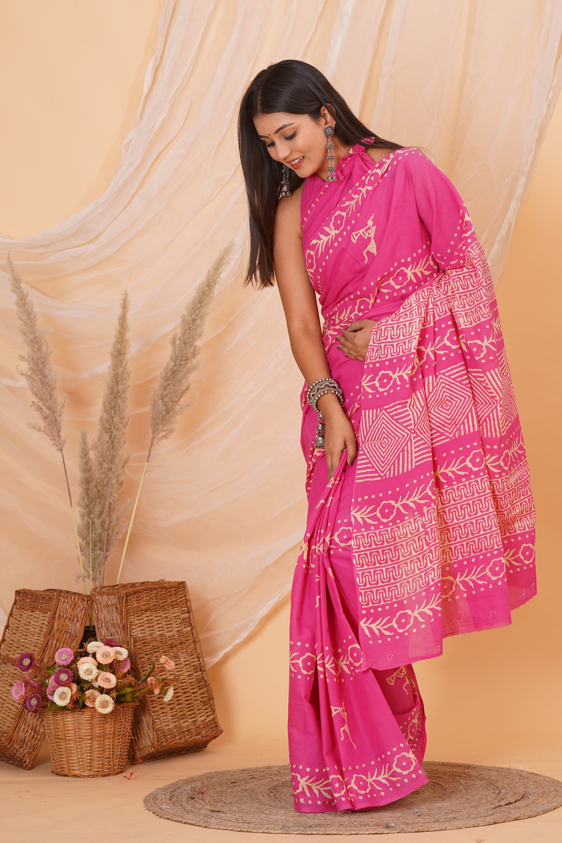 Pink Cotton Mulmul Saree With Blouse Piece