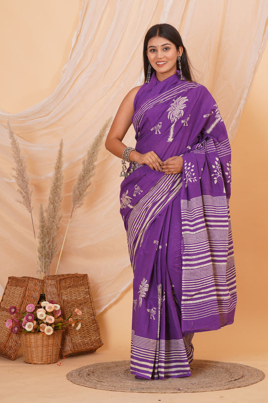Purple Cotton Mulmul Saree With Blouse Piece