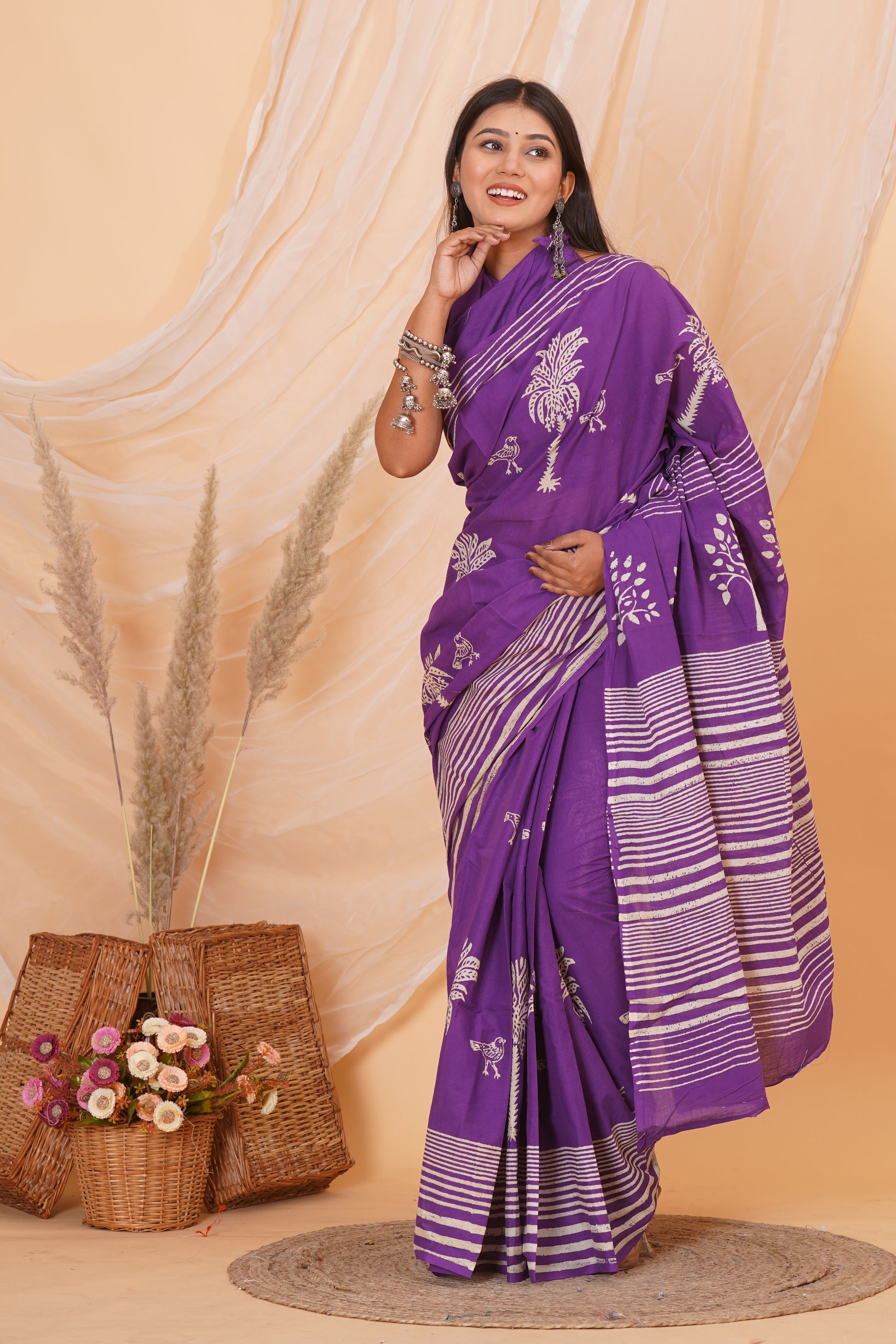 Purple Cotton Mulmul Saree With Blouse Piece