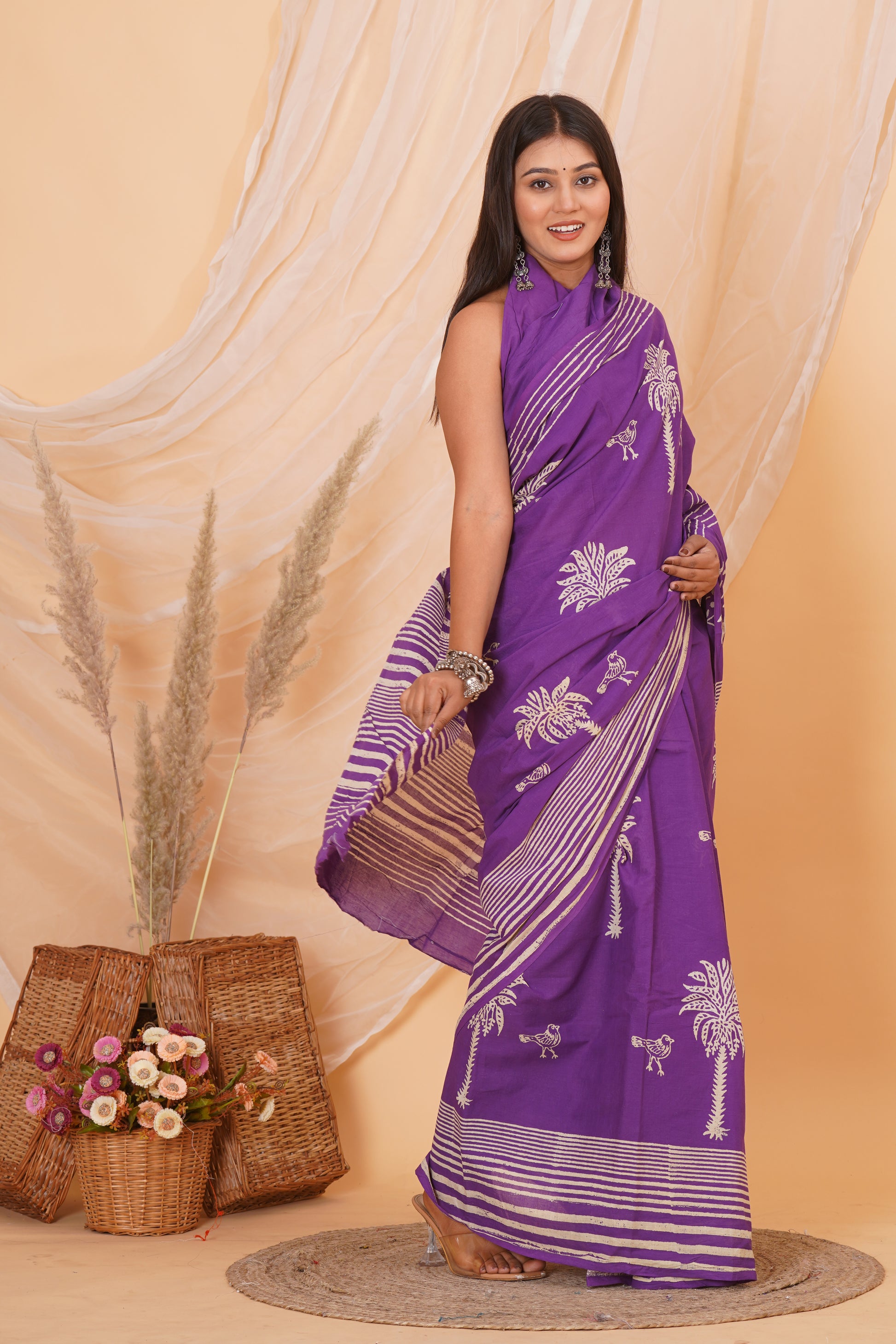 Purple Cotton Mulmul Saree With Blouse Piece