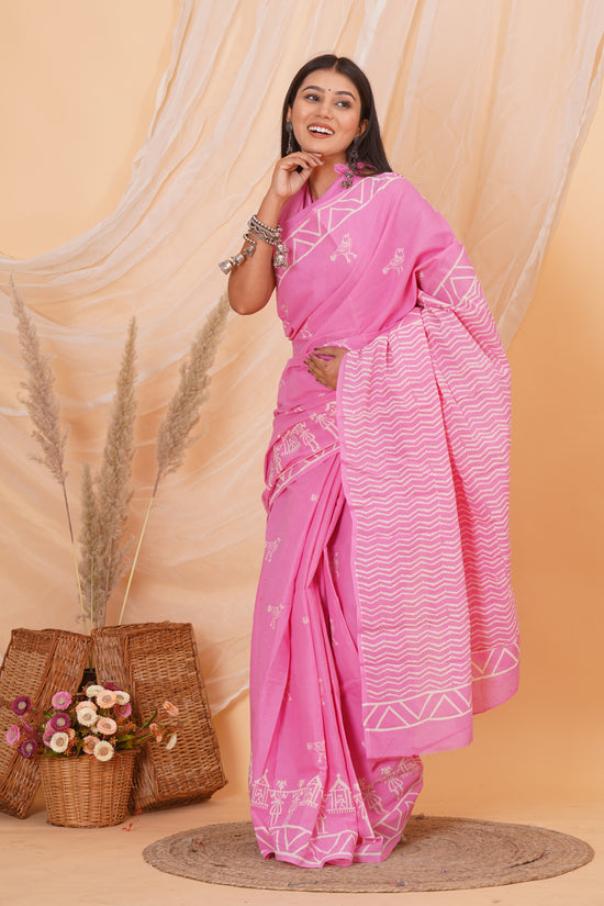 Soft Pink Cotton Mulmul Saree With Blouse Piece