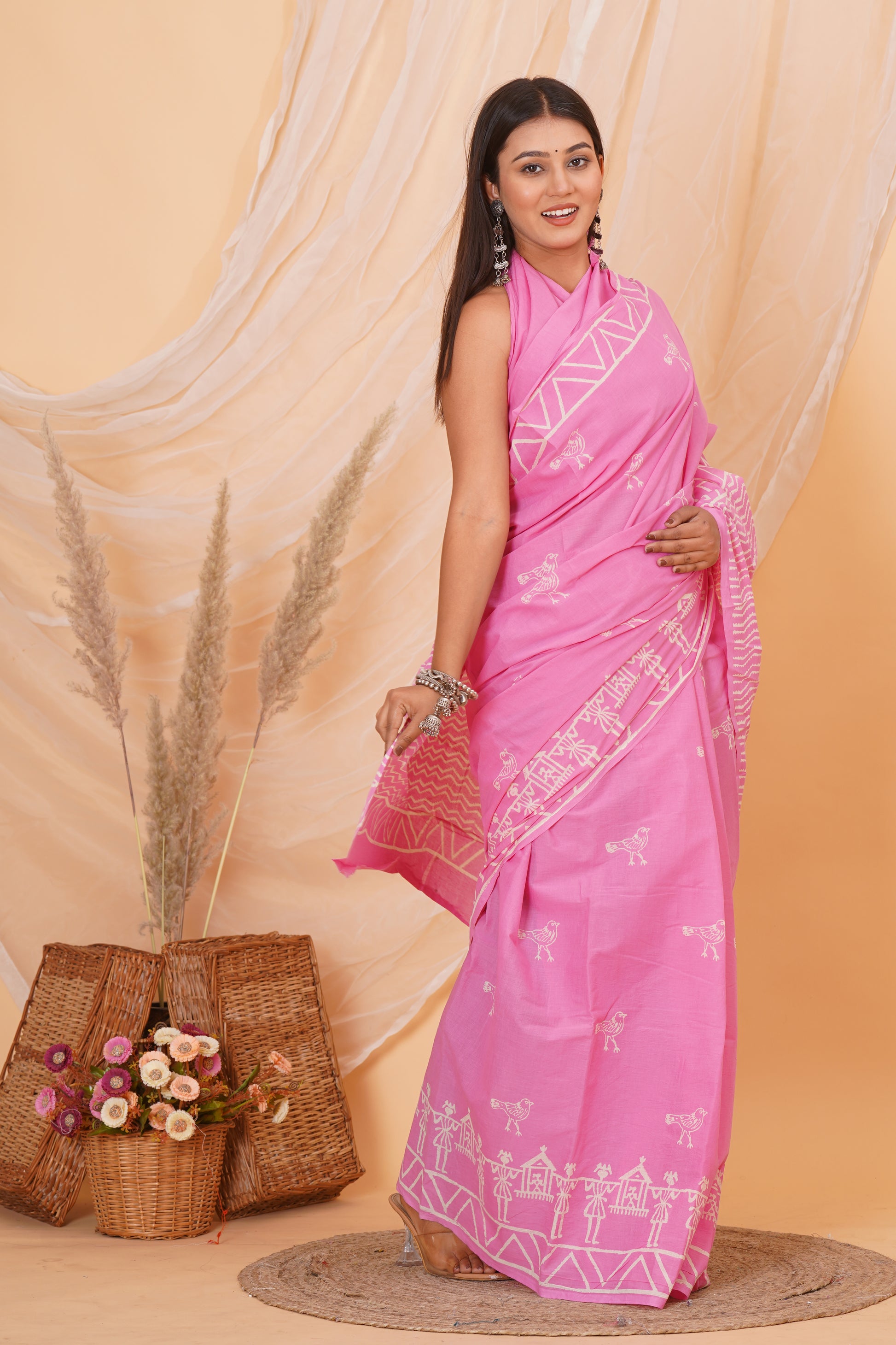 Soft Pink Cotton Mulmul Saree With Blouse Piece
