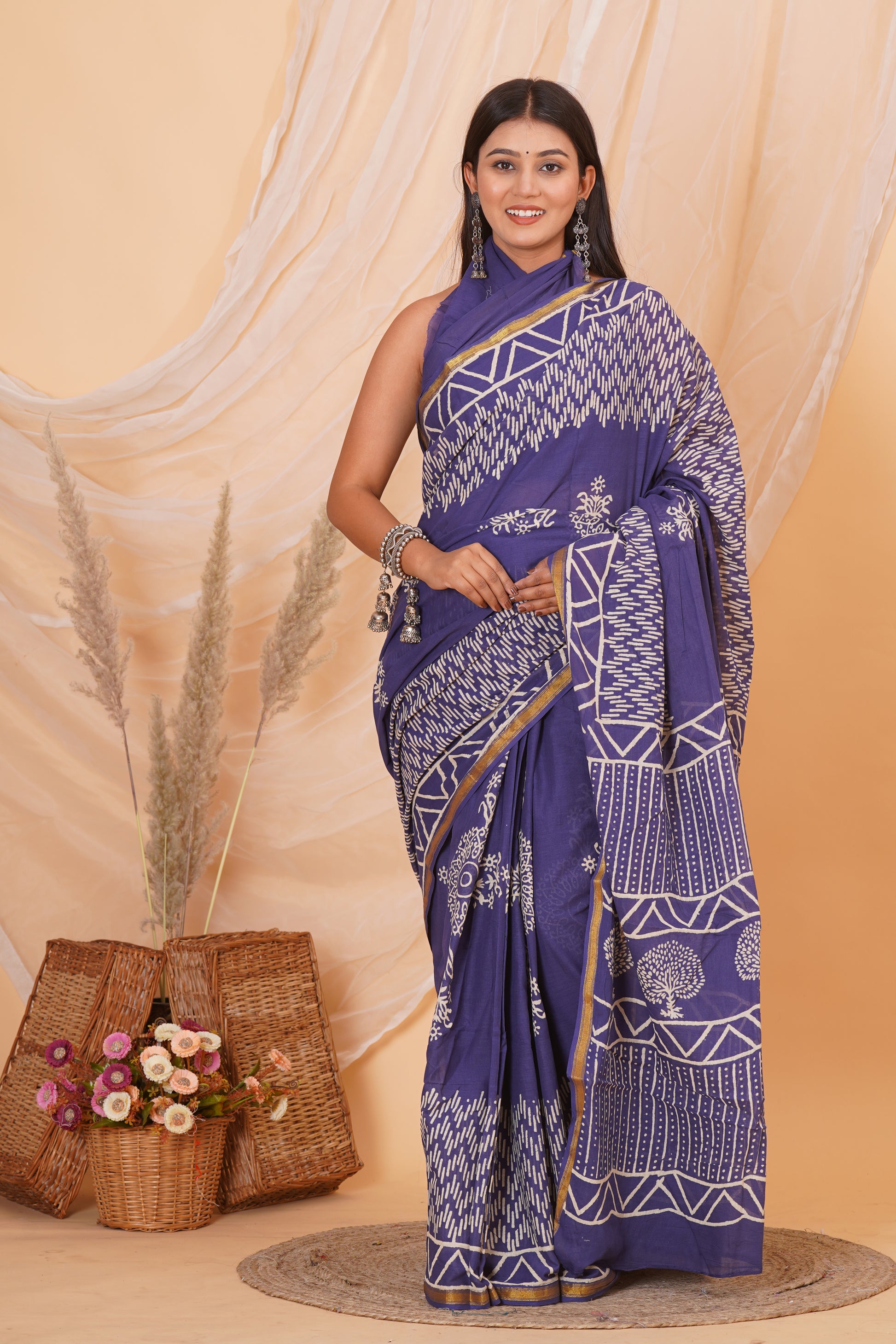 Purple Pure Soft Cotton Mulmul Saree with Zari Border and Blouse Piece – Hand Block Printed with Organic Vegetable Dyes