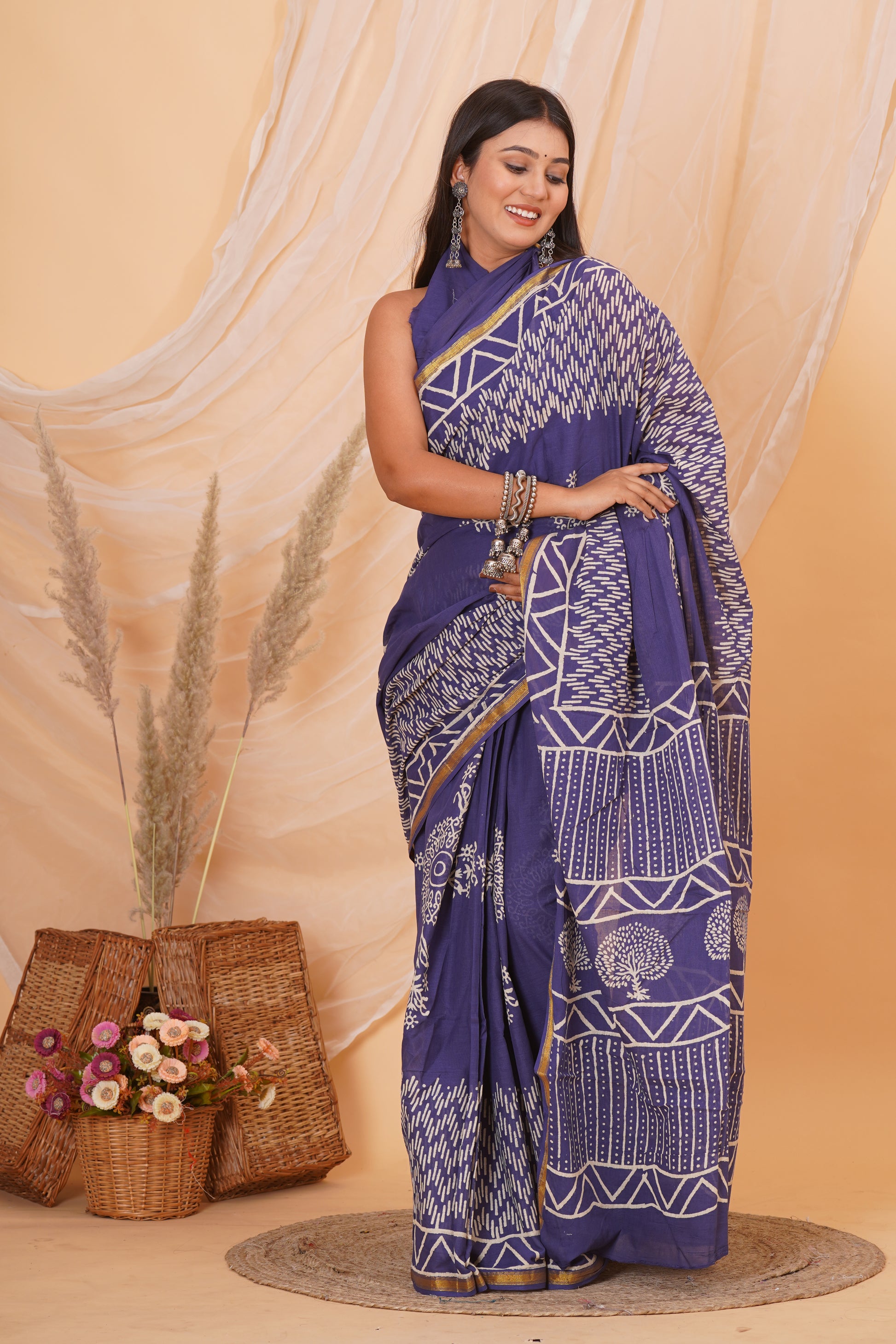 Purple Pure Soft Cotton Mulmul Saree with Zari Border and Blouse Piece – Hand Block Printed with Organic Vegetable Dyes