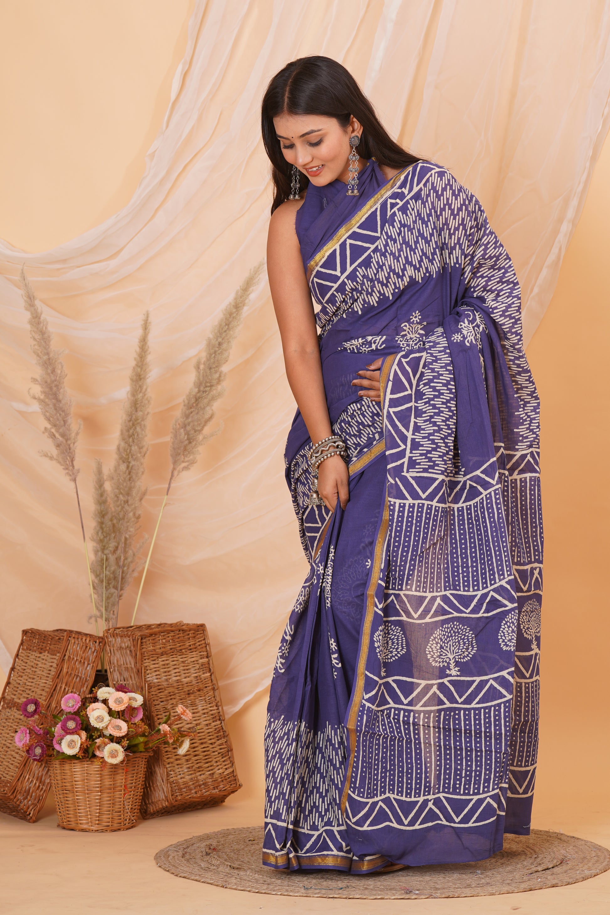 Purple Pure Soft Cotton Mulmul Saree with Zari Border and Blouse Piece – Hand Block Printed with Organic Vegetable Dyes