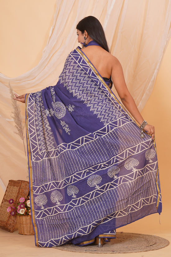Purple Pure Soft Cotton Mulmul Saree with Zari Border and Blouse Piece – Hand Block Printed with Organic Vegetable Dyes