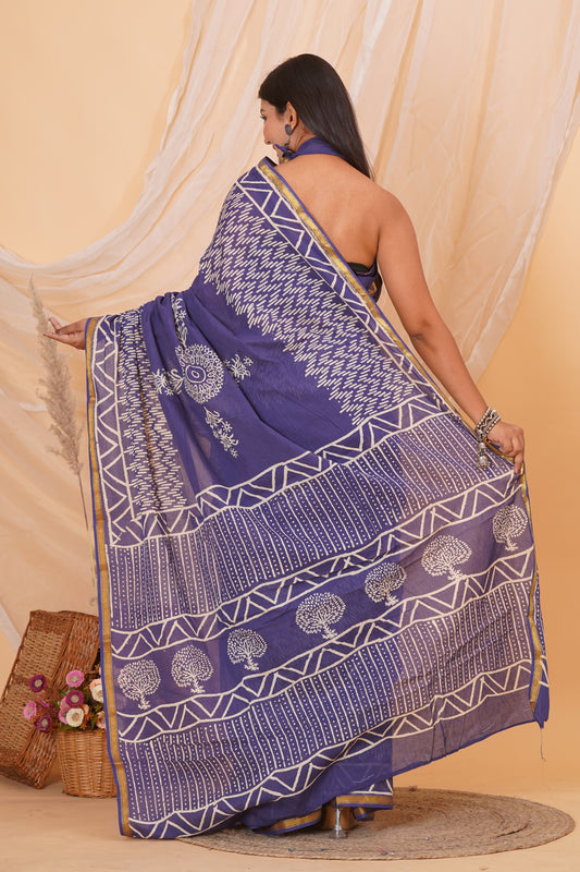 Purple Pure Soft Cotton Mulmul Saree with Zari Border and Blouse Piece – Hand Block Printed with Organic Vegetable Dyes