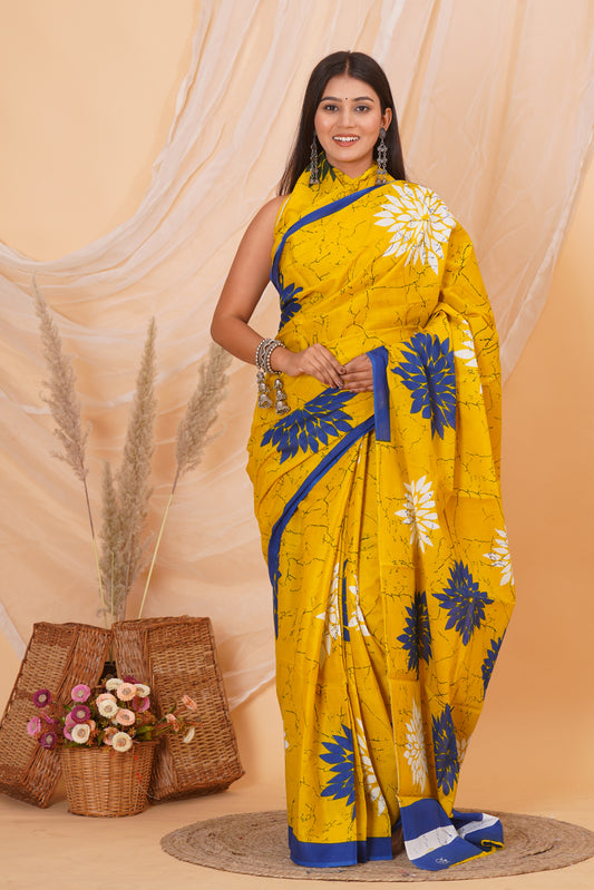 Yellow Cotton Mulmul Saree With Blouse Piece