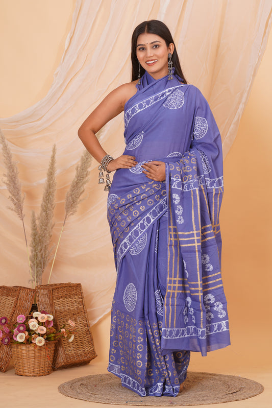 Purple Cotton Mulmul Saree With Blouse Piece