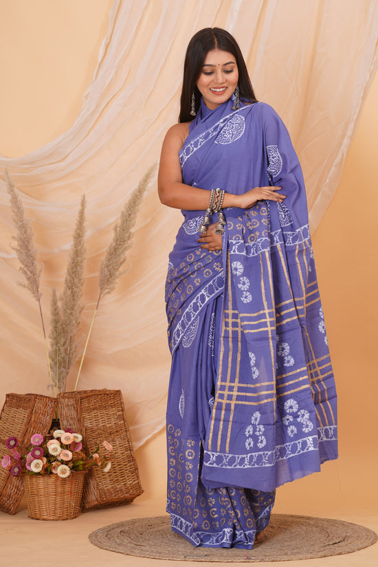 Purple Cotton Mulmul Saree With Blouse Piece