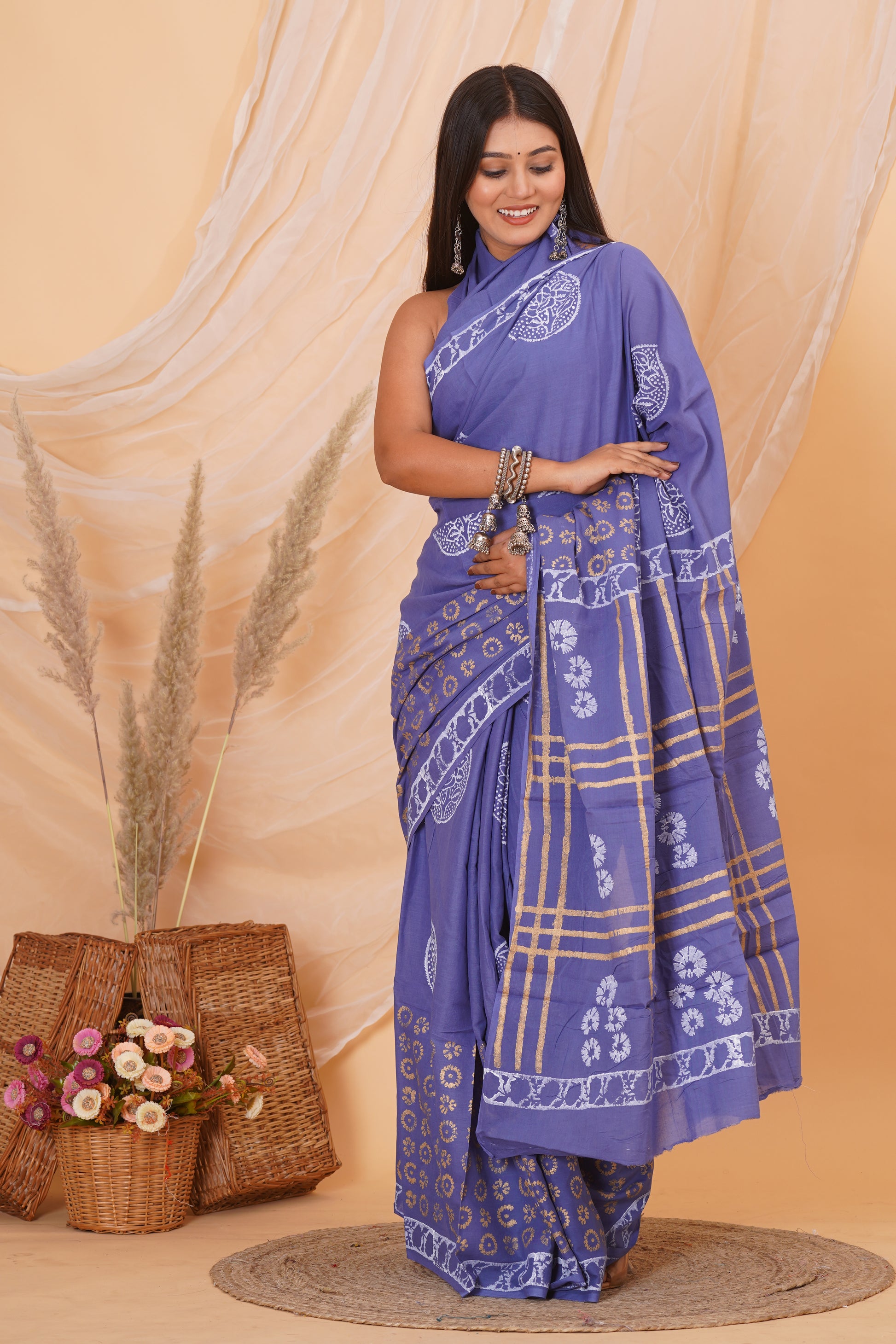 Purple Cotton Mulmul Saree With Blouse Piece
