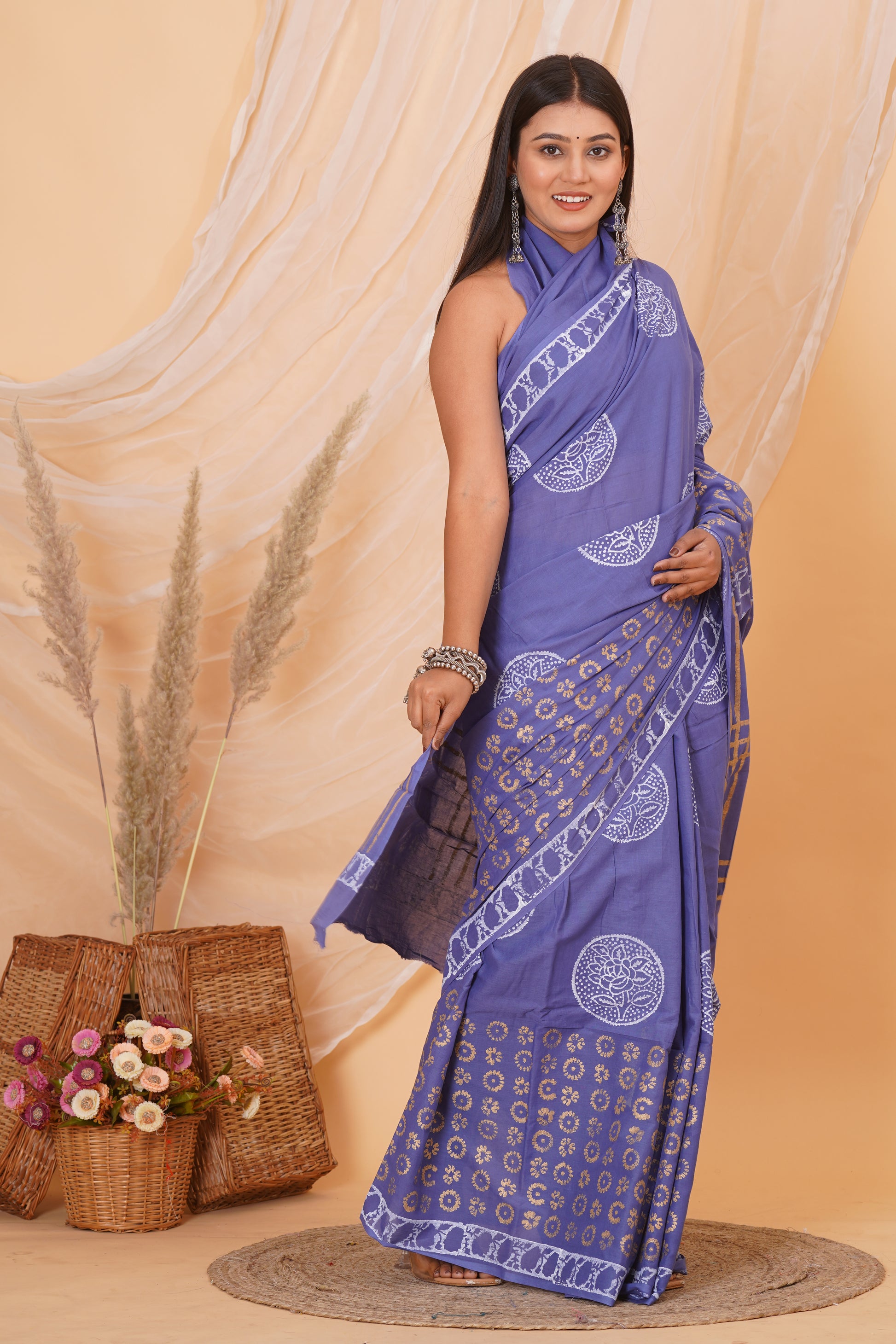 Purple Cotton Mulmul Saree With Blouse Piece