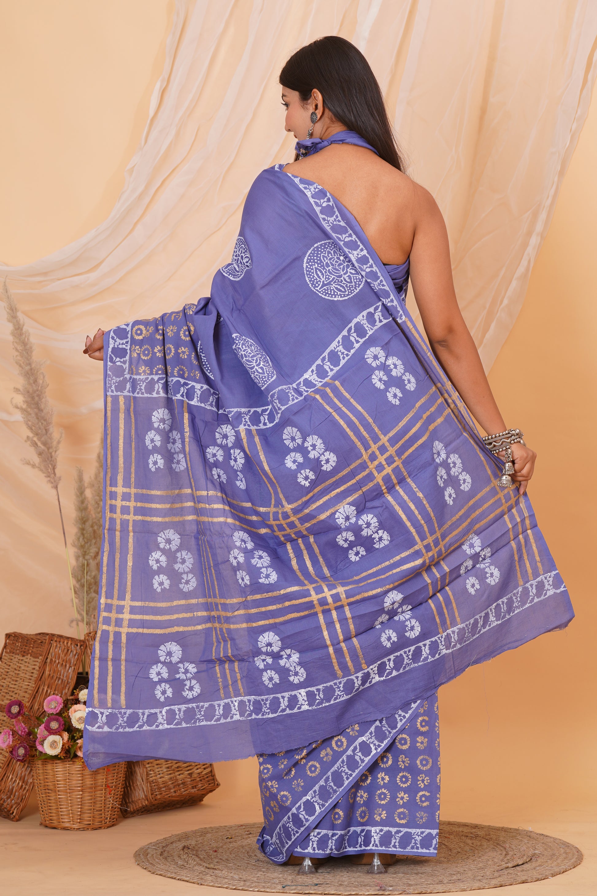 Purple Cotton Mulmul Saree With Blouse Piece