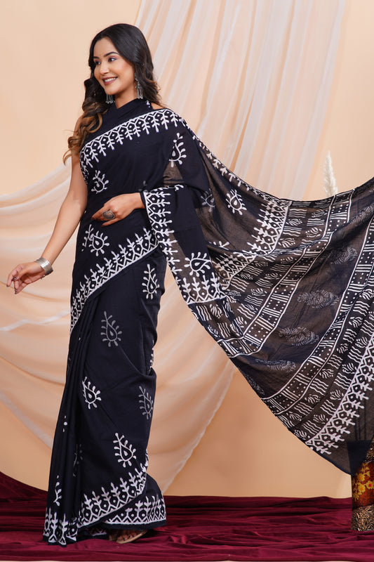 Jaipuri Hand Block Print Pure Soft Cotton Mulmul Saree With Blouse Piece (Black)