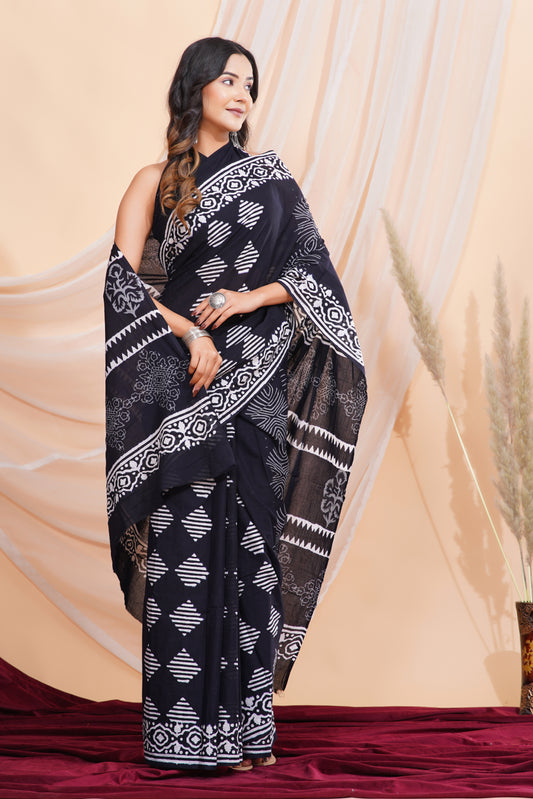 Jaipuri Hand Block Print Pure Soft Cotton Mulmul Saree With Blouse Piece