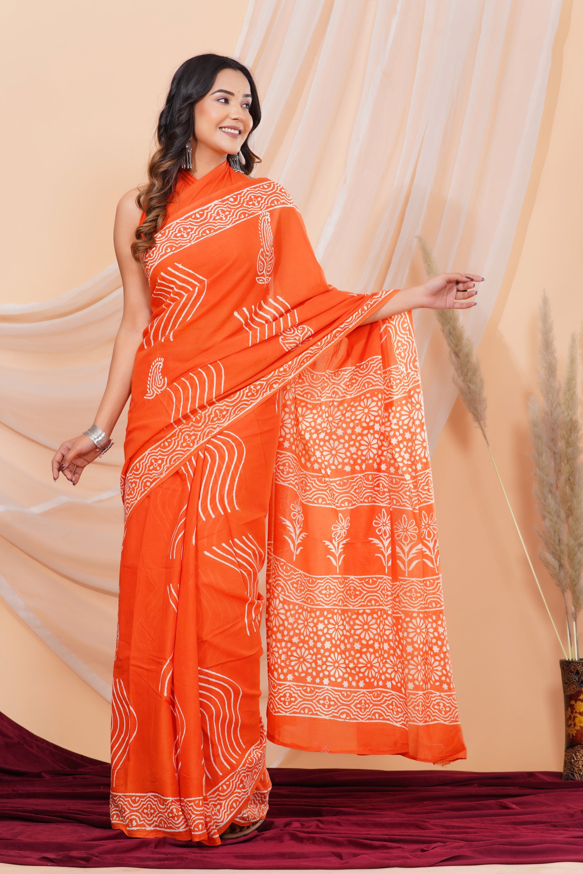 Jaipuri Hand Block Print Pure Soft Cotton Mulmul Saree With Blouse Piece (orange)