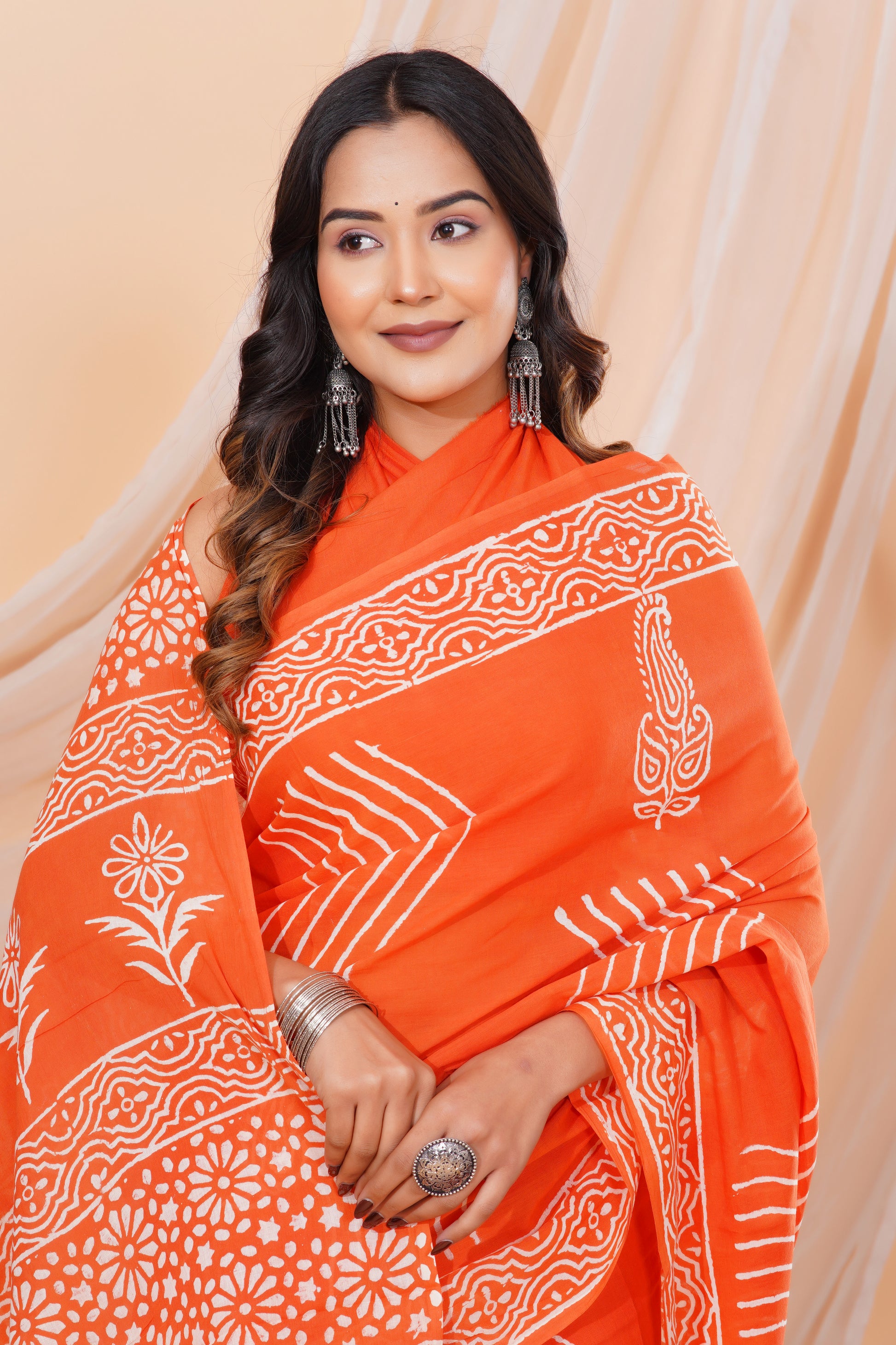 Jaipuri Hand Block Print Pure Soft Cotton Mulmul Saree With Blouse Piece (orange)