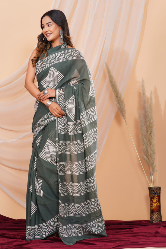 Jaipuri Hand Block Print Pure Soft Cotton Mulmul Saree With Blouse Piece