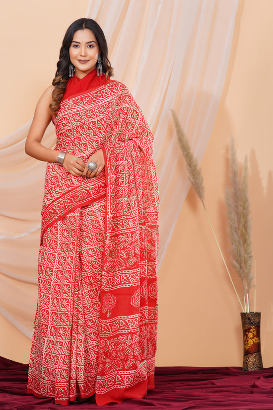 Jaipuri Hand Block Print Pure Soft Cotton Mulmul Saree With Blouse Piece