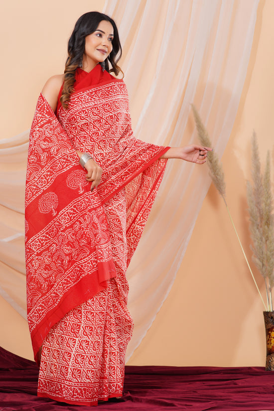 Jaipuri Hand Block Print Pure Soft Cotton Mulmul Saree With Blouse Piece