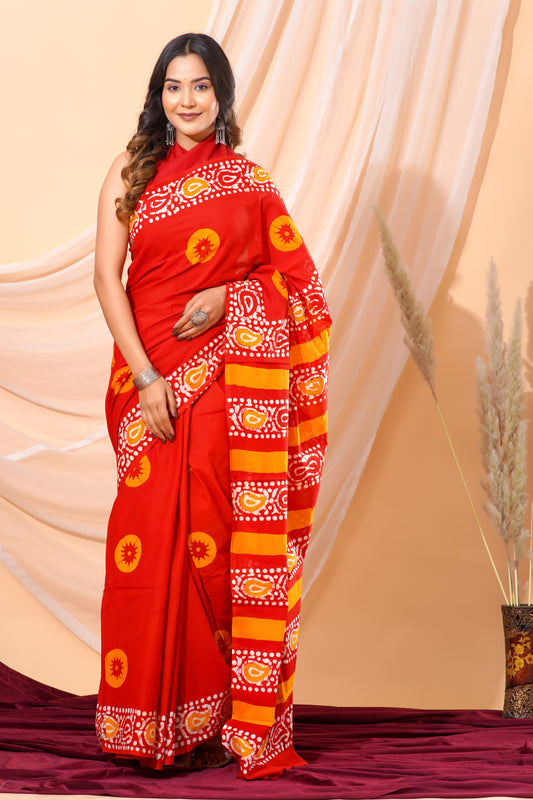 Jaipuri Hand Block Print Pure Soft Cotton Mulmul Saree With Blouse Piece