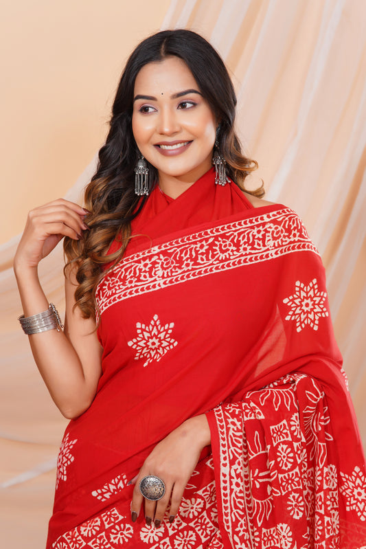 Jaipuri Hand Block Print Pure Soft Cotton Mulmul Saree With Blouse Piece