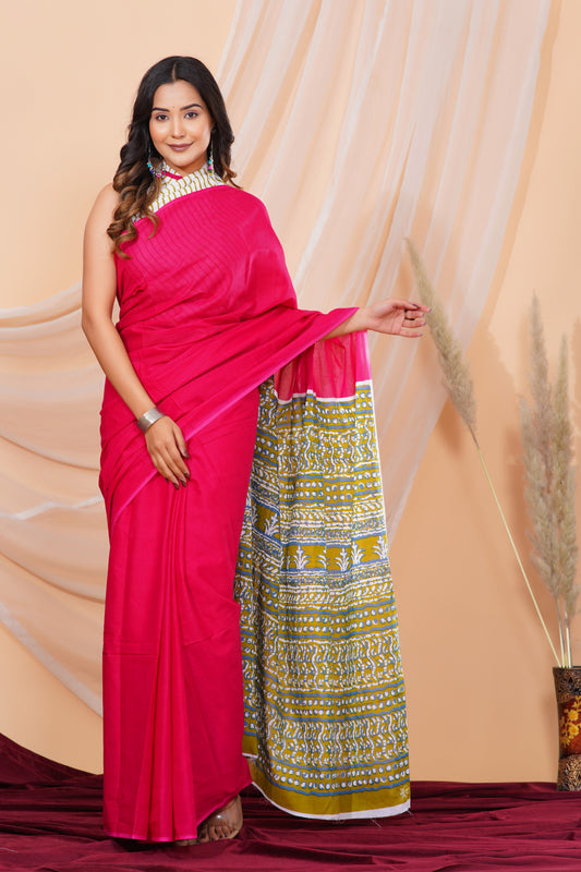 Jaipuri Hand Block Print Pure Soft Cotton Mulmul Saree With Blouse Piece